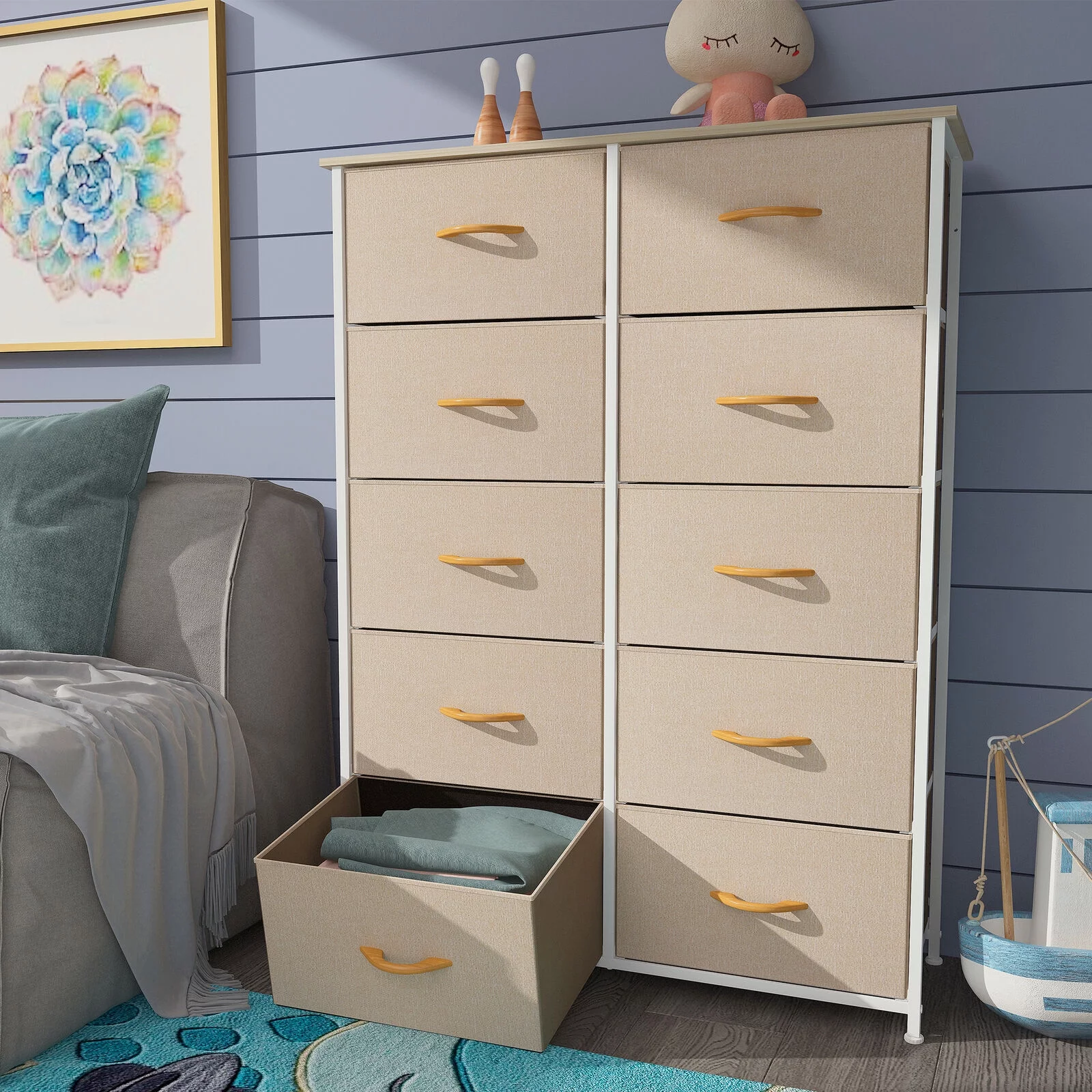 DWVO 10 Drawer Dresser Chest of Storage Dresser Tall Fabric Dresser Storage Cabinet Bin Nightstand Cabinet, Beige