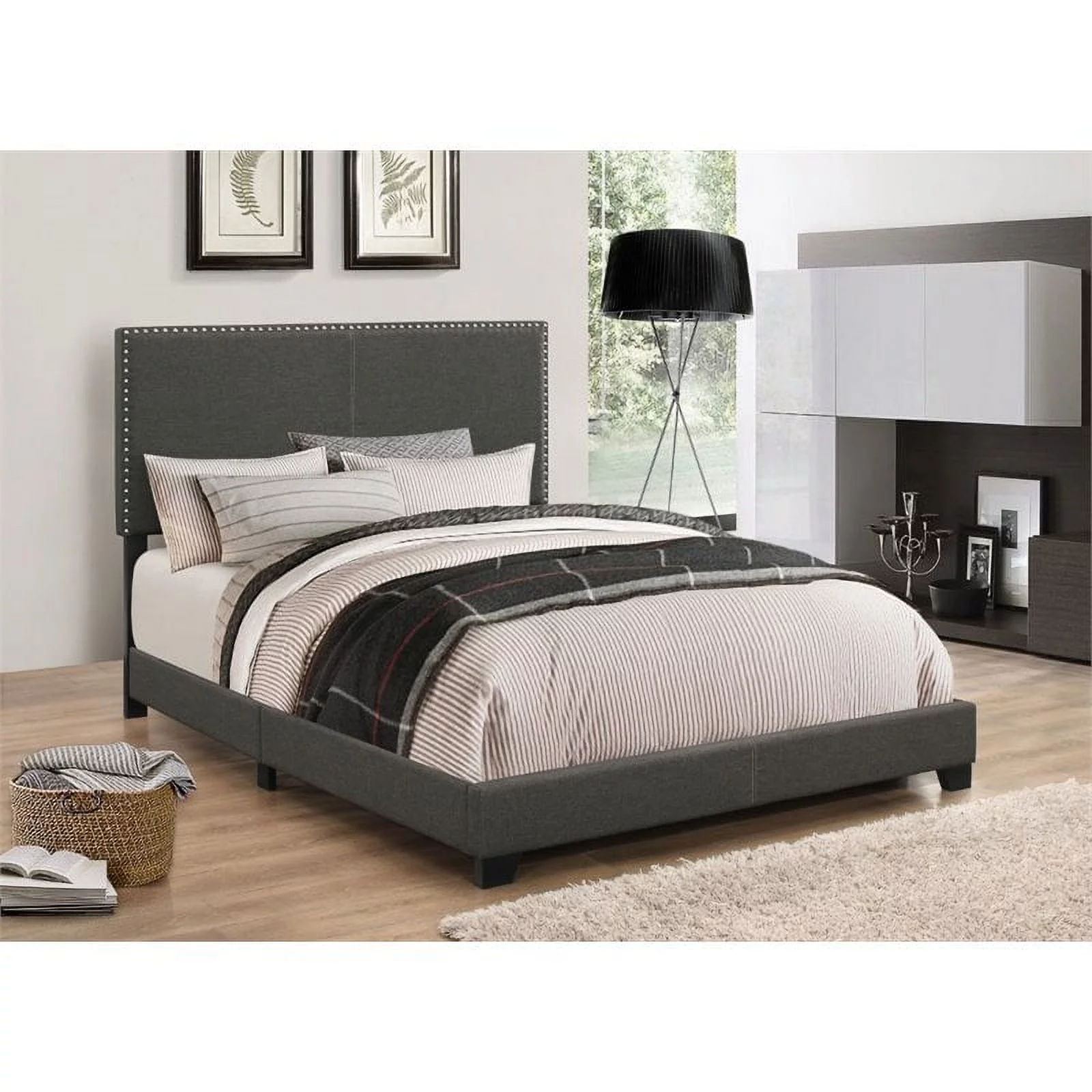 Stonecroft Furniture Burgundy Way Upholstered Nailhead Queen Bed in Charcoal