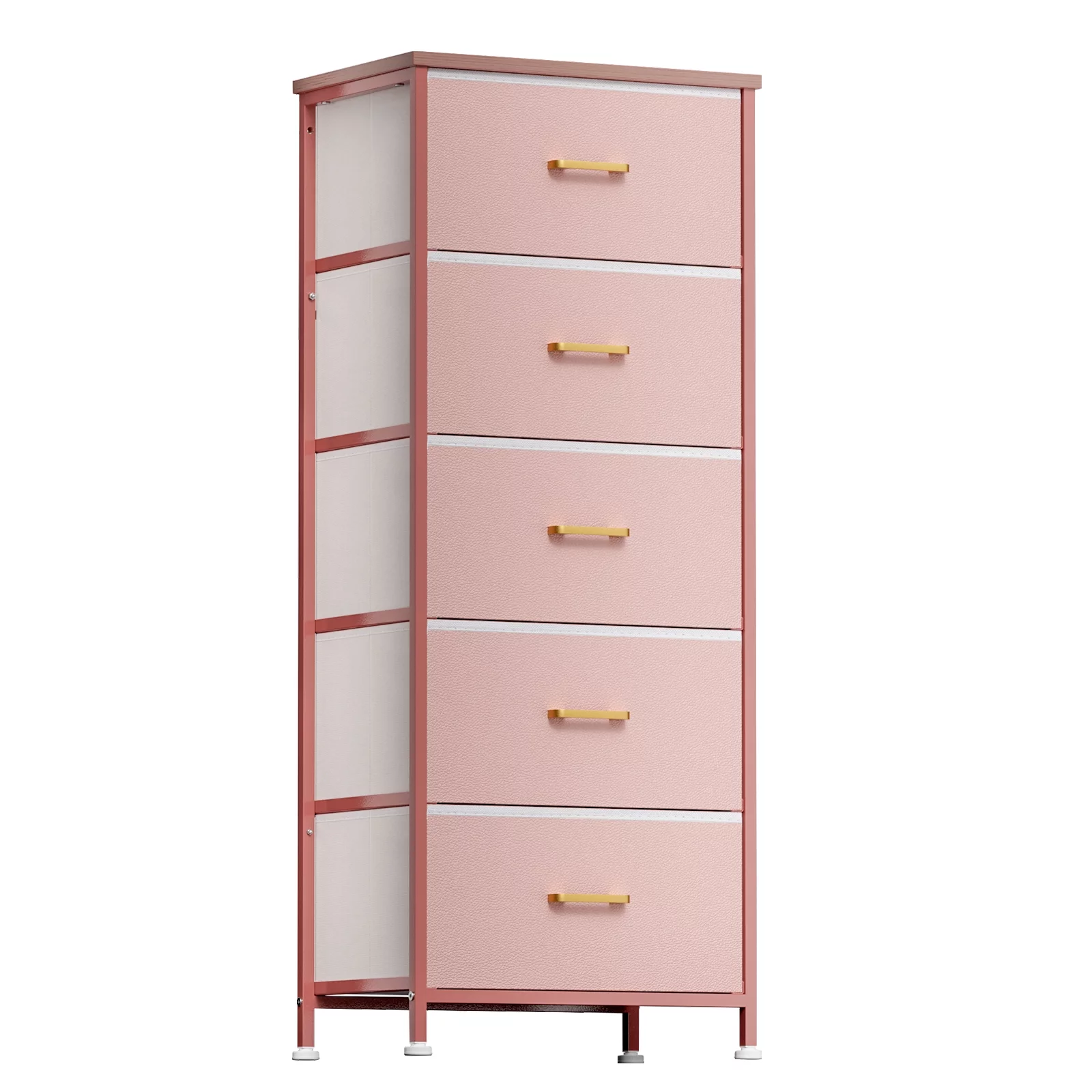 YILQQPER 5 Drawer Dresser for Bedroom Fabric Dressers with Steel Frame Wooden Top Chest of Drawers Closets Storage Pink