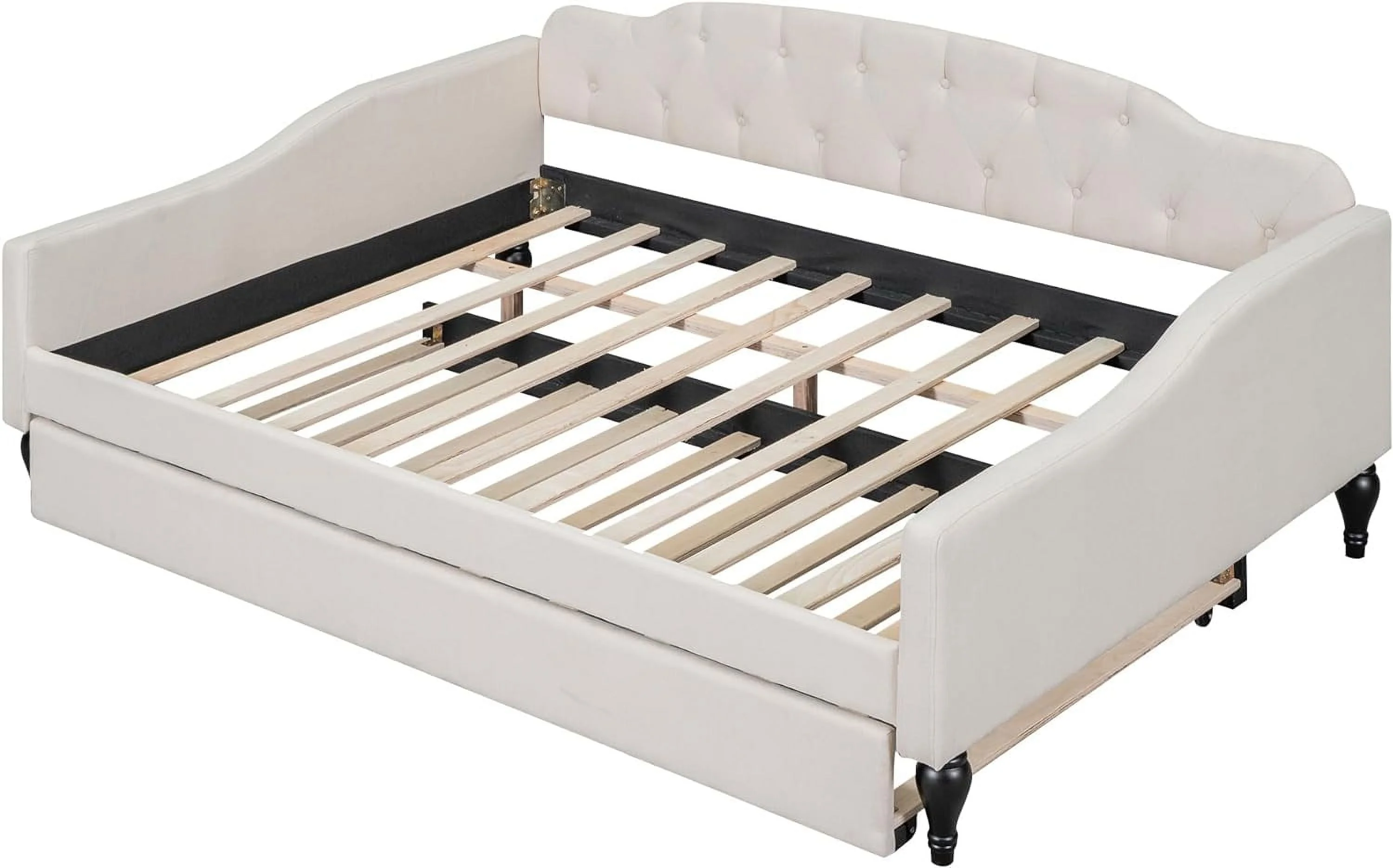 Daybed with Twin Size Trundle, Modern Linen Upholstered Full Size Day Bed Button-Tufted Sofa Day Bed Frame for Bedroom Living Room Guest RoomNo Box Spring Needed