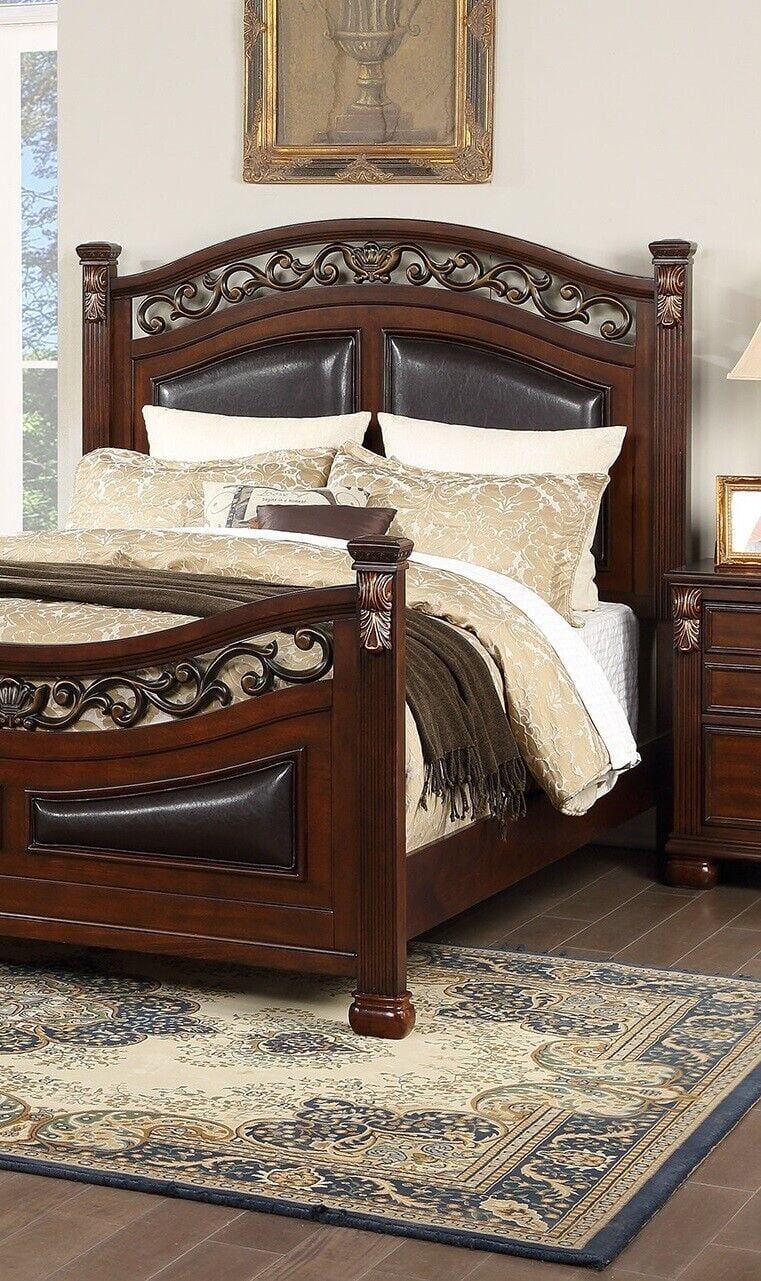 Traditional 1pc Bed Classic Brown Finish Cal king Size Bed Posts Antique Carved Design Bedroom Furniture Wood