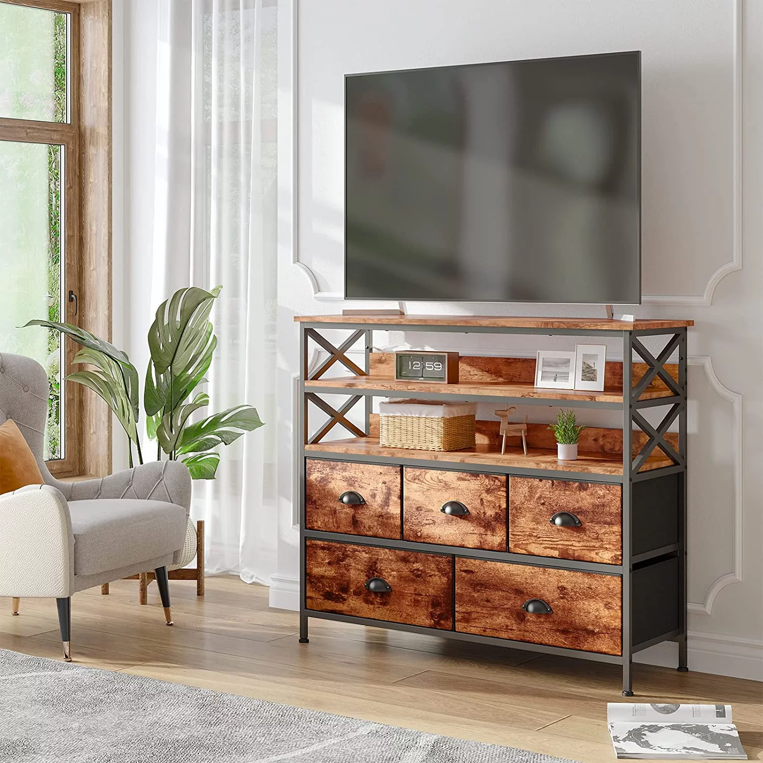 Dresser TV Stand with Storage Console Table with Fabric Drawers Entertainment Center with Wood Open Shelves for 45