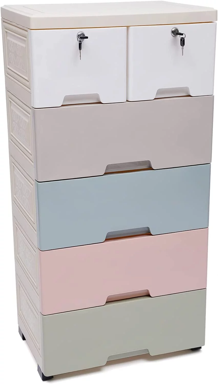 MONIPA 6 Plastic Drawers Dresser Storage Cabinet Organizer with lock, Vertical Clothes Storage Tower for Clothes, Toys, Playroom, Bedroom Furniture (Macaron)
