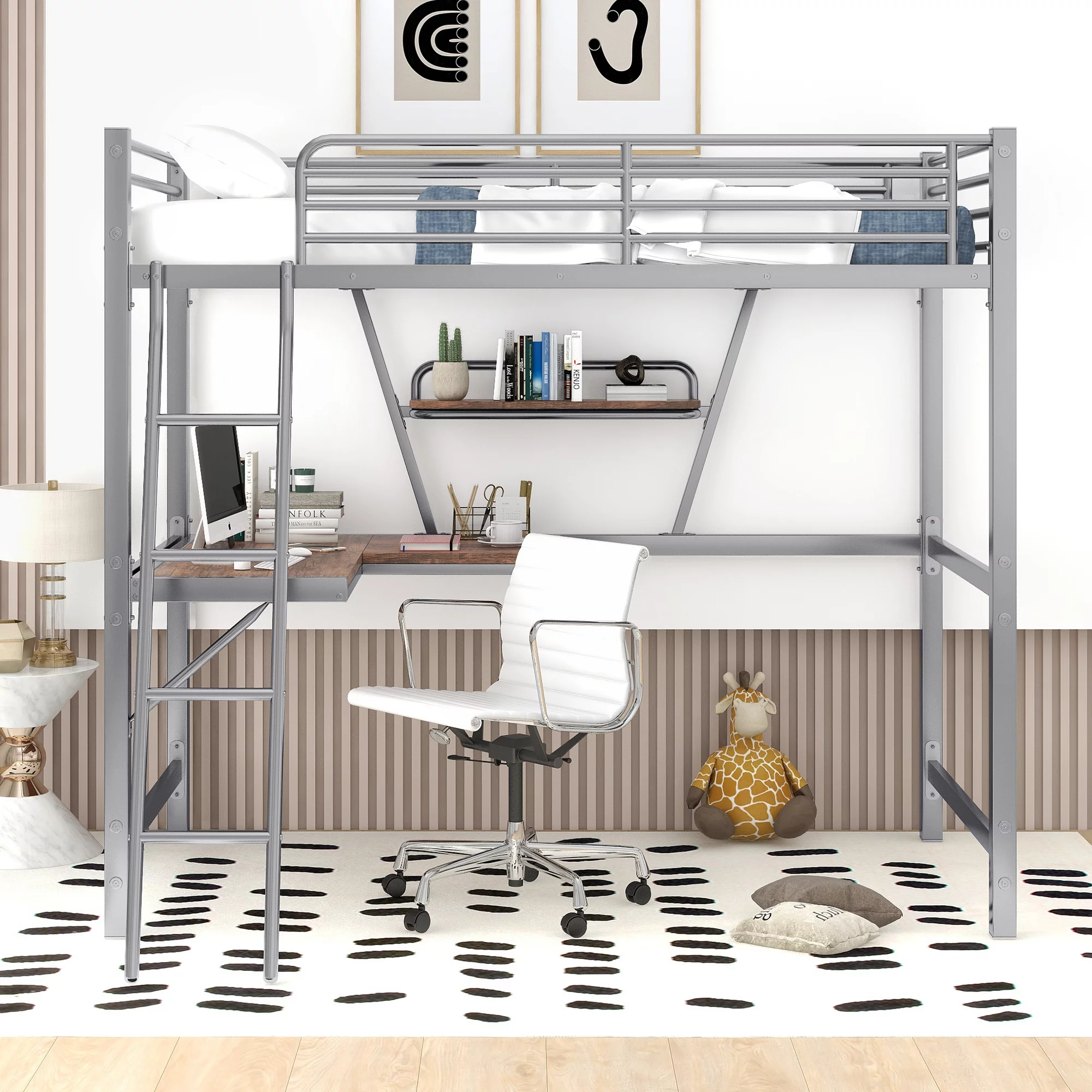 Twin Size Loft Metal&MDF Bed with Long Desk and Shelf, Multifunctional Loft Bed with Desk, Metal Loft Bed Twin with Ladder for Girls Boys Bedroom, Saving Space (Silver)