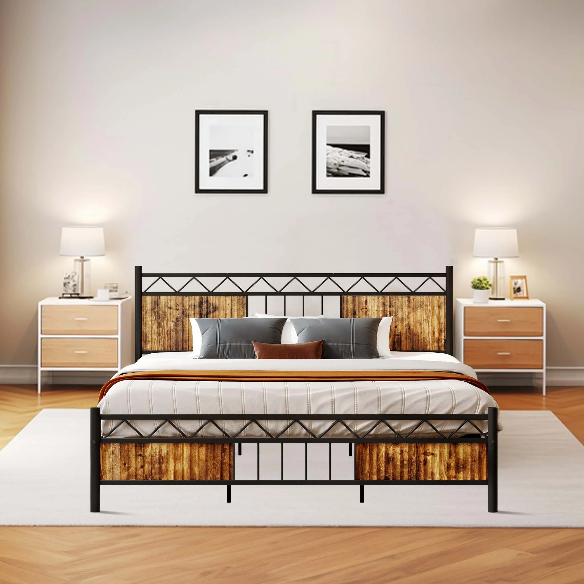 DWVO King Size Platform Metal Bed Frame with Headboard & Soundproof Cotton, Black and Brown