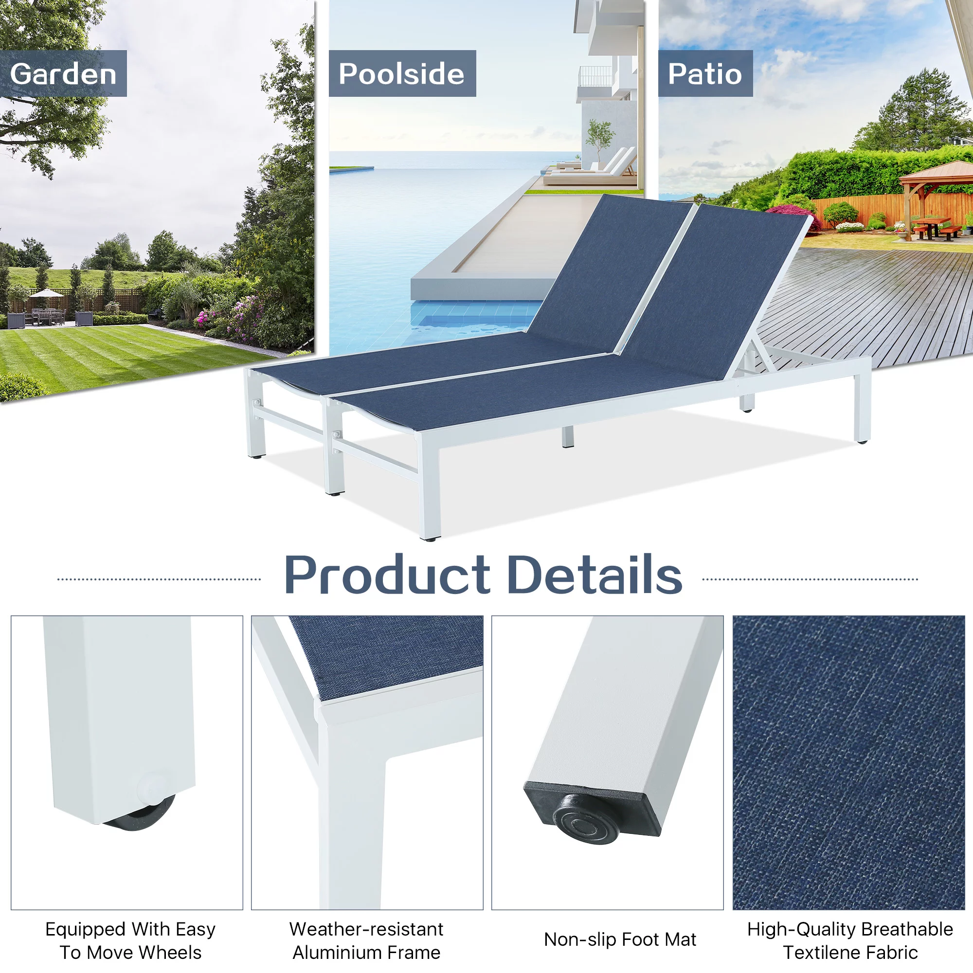 Ulax Furniture Patio Aluminum Double Textilene Chaise Lounge Outdoor Adjustable Recliner Chairs with Wheels (Navy)