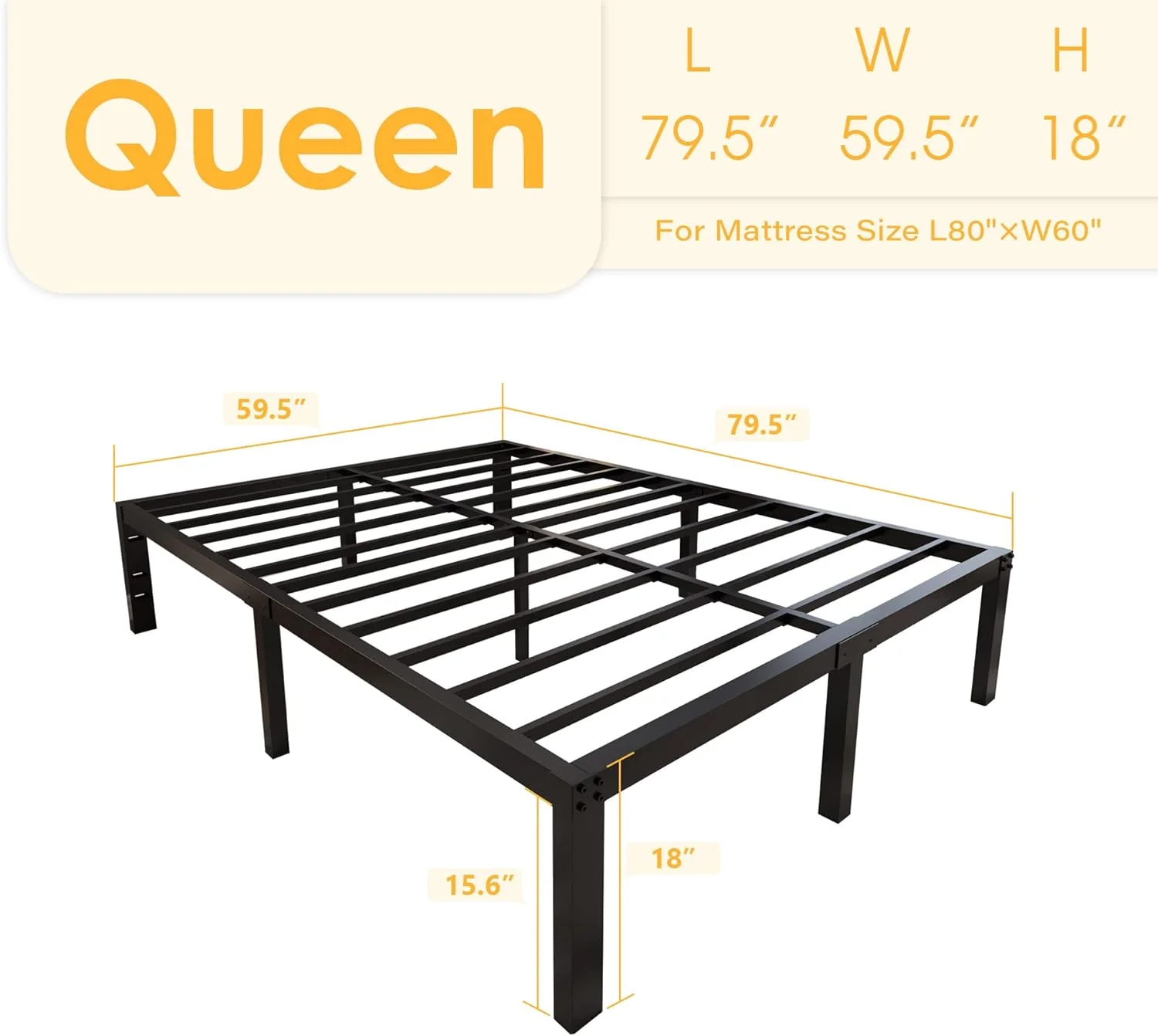 YGDU 18 Inch Tall and Strong Platform Metal Bed Frame/Easy Assembly Mattress Foundation/ 4000lbs Heavy Duty Frame with Steel Slat Support/No Noise/No Box Spring Needed, Queen