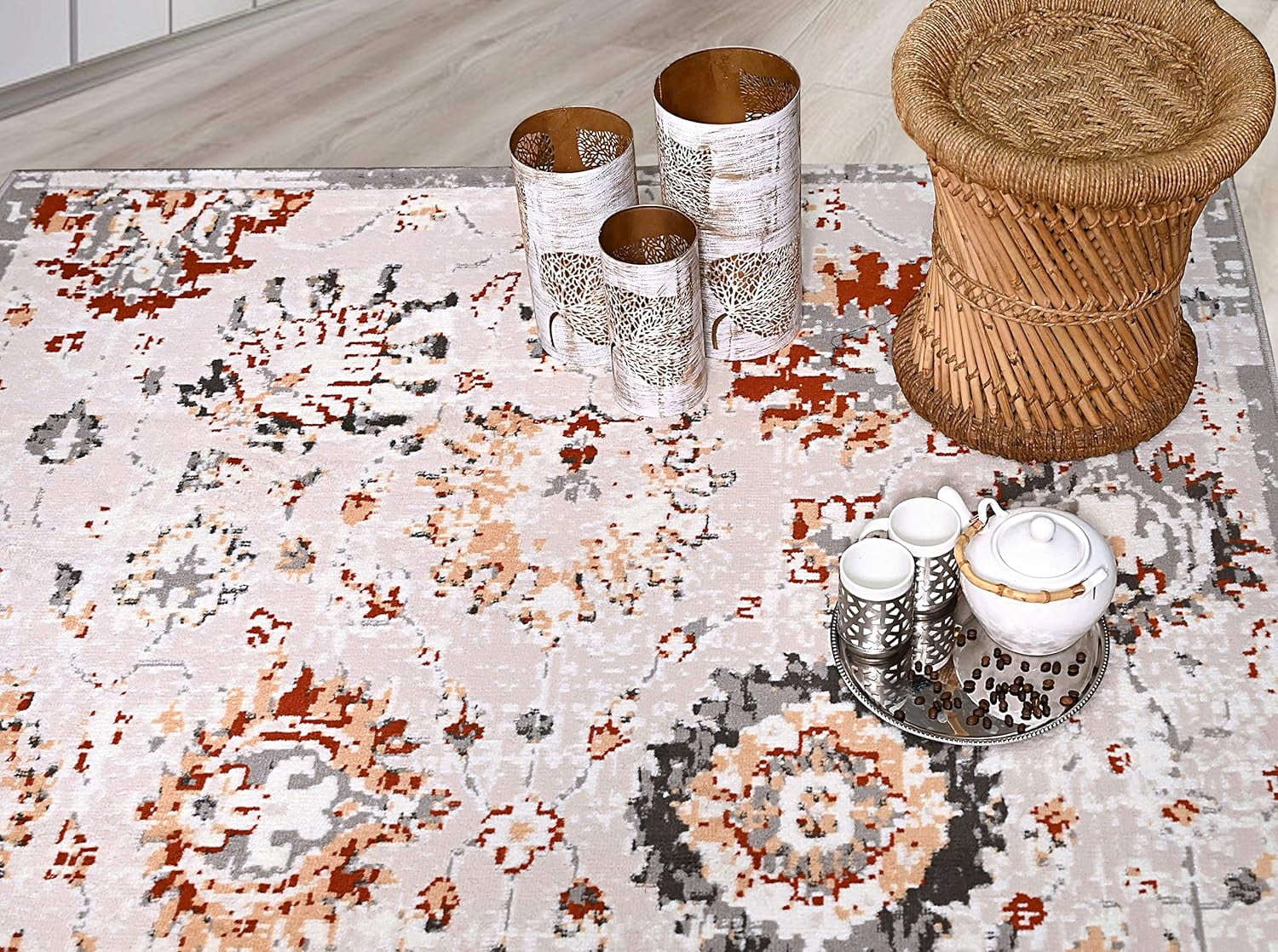 Ambient Rugs Abstract Area Rug - 5 ft. x 8 ft., Peach, Distressed, Floral Rug with Rustic Print