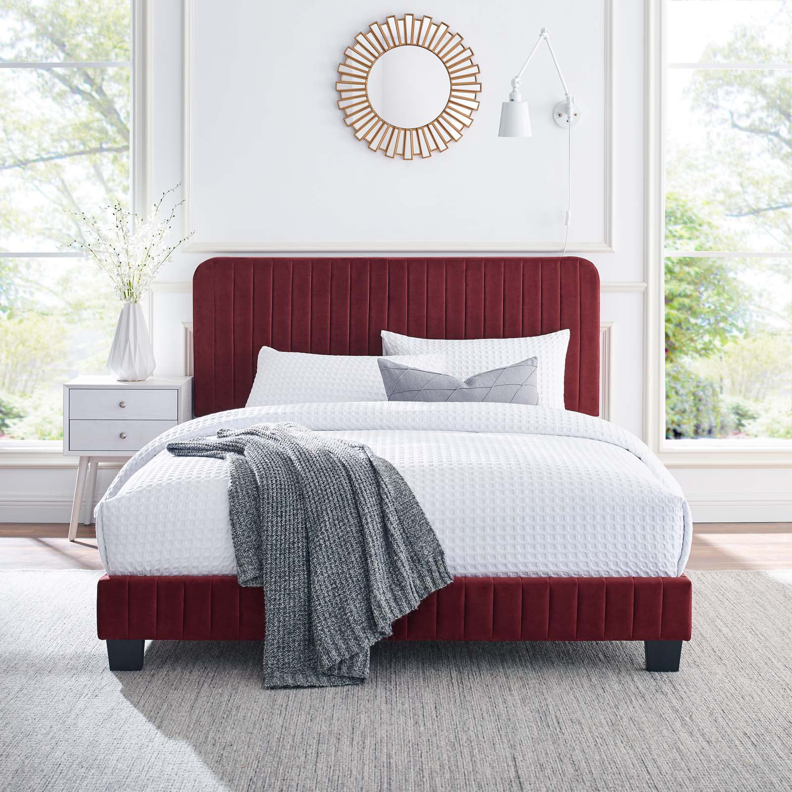 Tufted Platform Bed Frame, Full Size, Velvet, Red, Modern Contemporary Urban Design, Bedroom Master Guest Suite