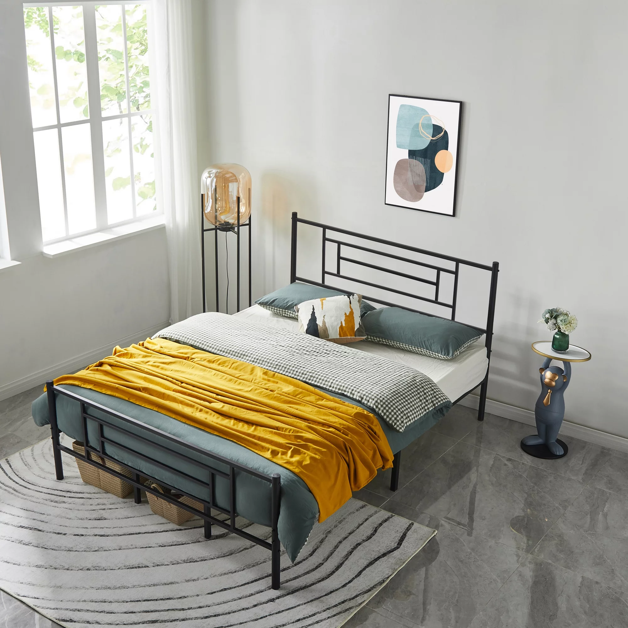 JAKOOLA Queen Size Platform Metal Bed Frame with Headboard and Footboard No Box Spring Needed, Black