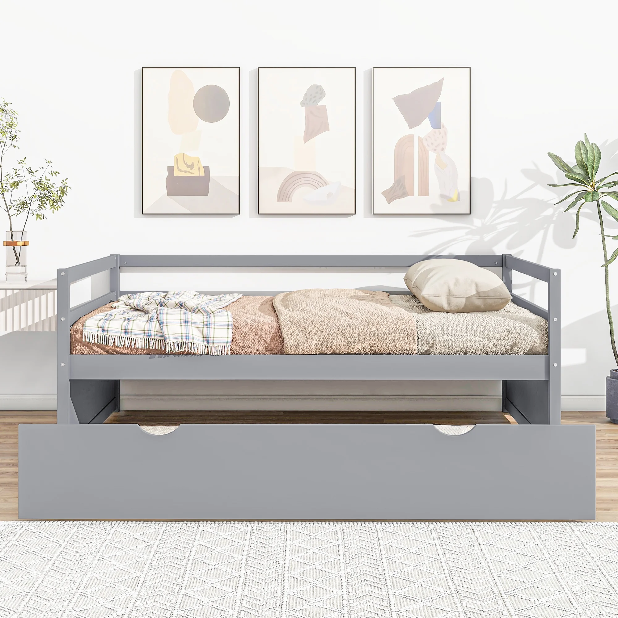 CoSoTower Twin Size Wood Daybed with Twin Size Trundle, Gray