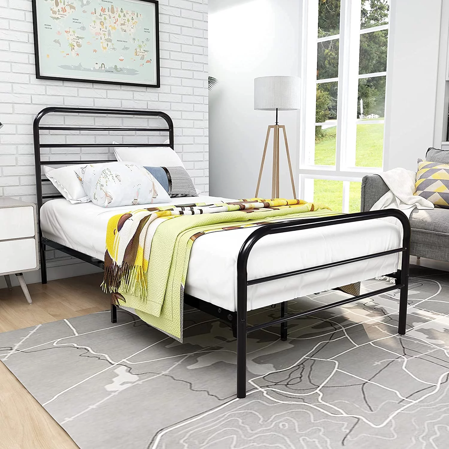 Metal Bed Frame Twin Size Platform with Headboard and Footboard No Box Spring Needed Black