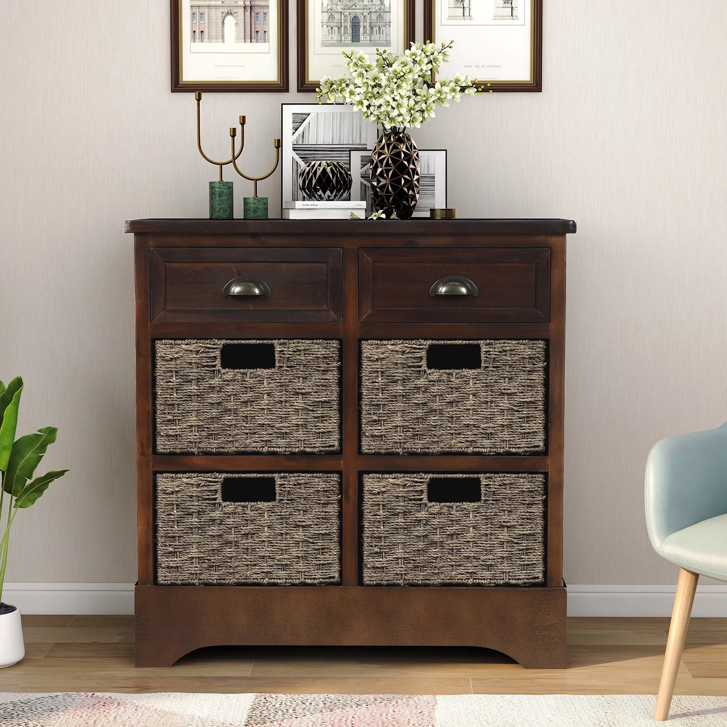 Solid Wood Storage Cabinet with Two Drawers and Four Classic Rattan Basket for Kitchen/Dining Room/Entryway/Living Room (Espresso)