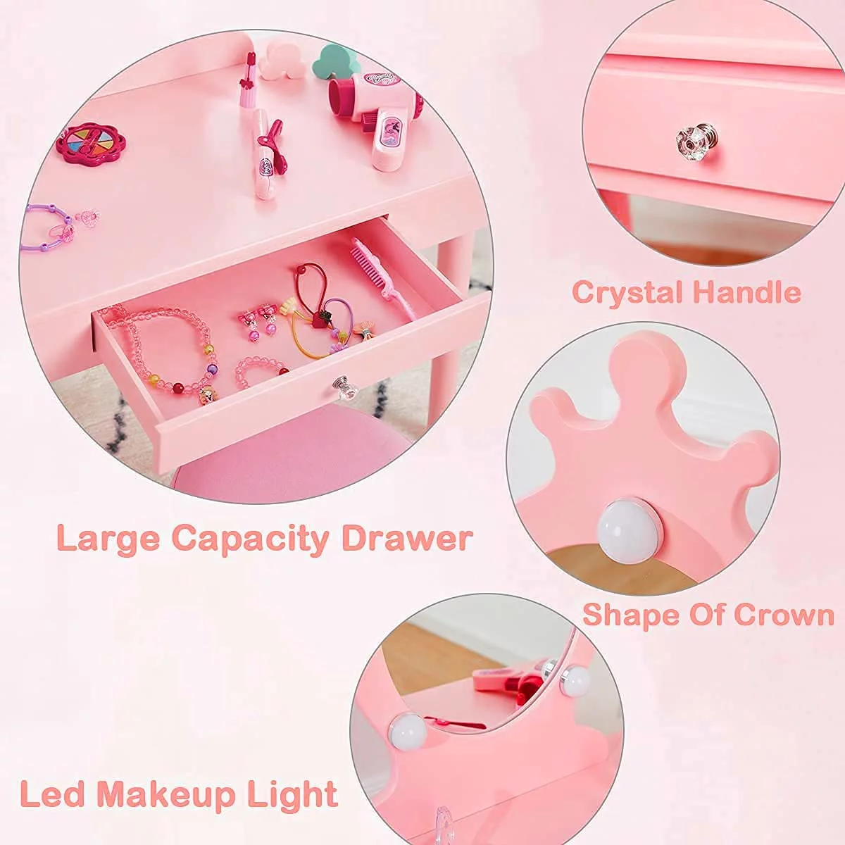 Veanerwood Kids Vanity Table & Stool Princess Dressing Makeup Set for Girls, Lighted Mirror, Pink