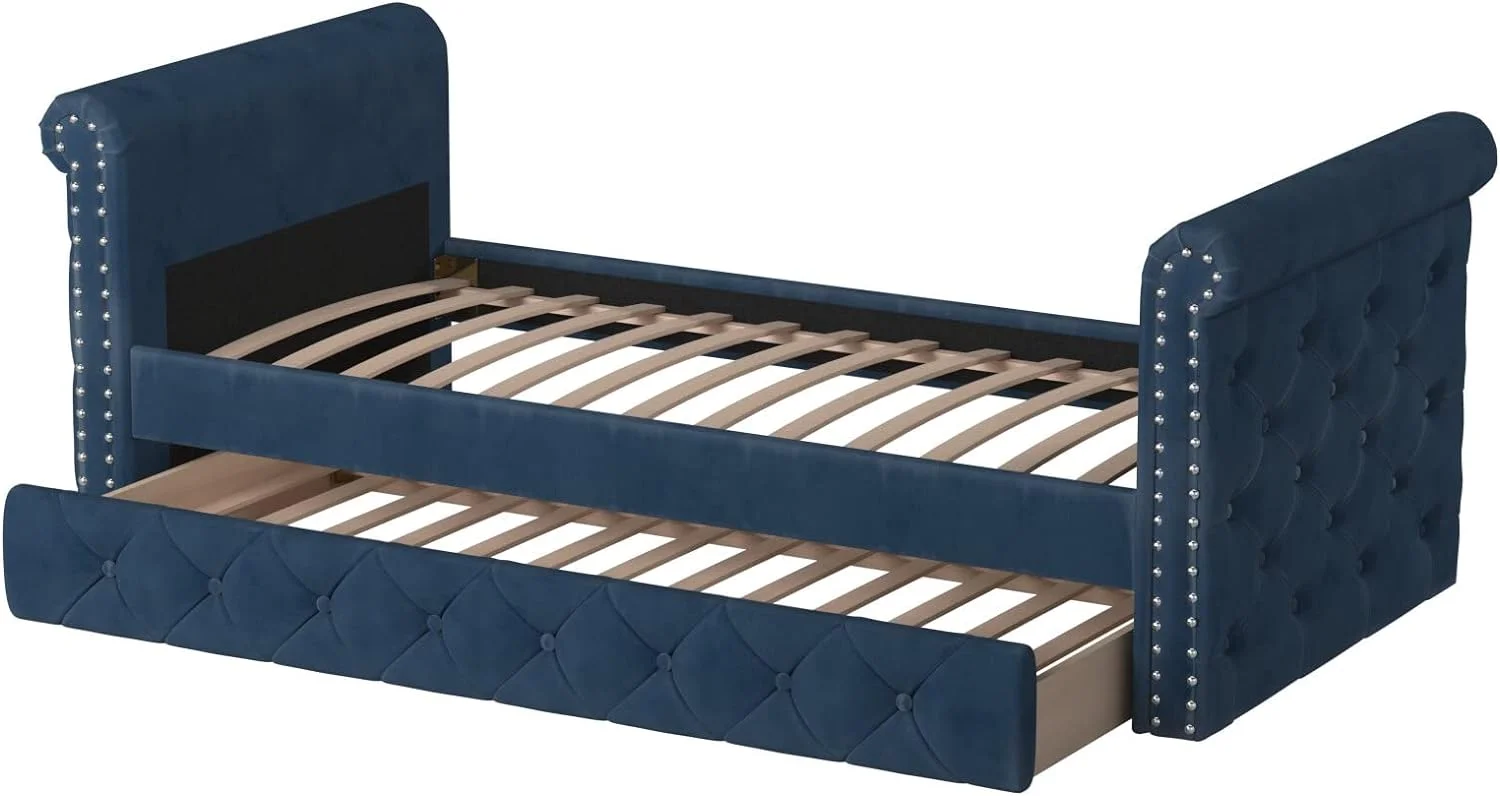 DG Casa Hesdin Twin Daybed - Button Tufting, Nailhead Trim, Trundle, Full Wooden Slats, No Box Spring - Blue Faux Velvet