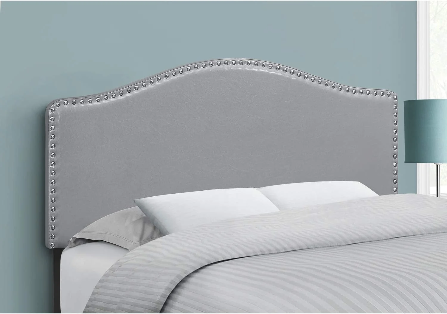 Full, Bedroom, Upholstered, Pu, Grey, Transitional Bed Size Leather-Look Headboard