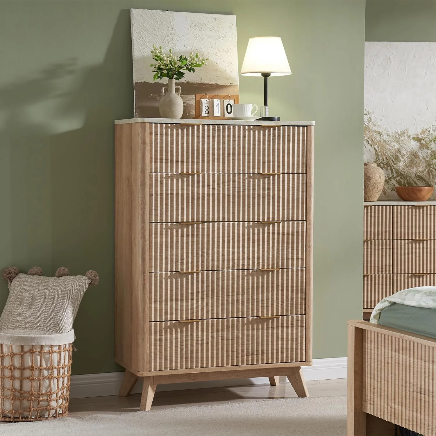 OKD 5 Drawers Dresser with Faux Marble Top, Modern Storage Cabinet for Bedroom, Chest of Drawers Wood Organizer for Living Room (Natural Oak)