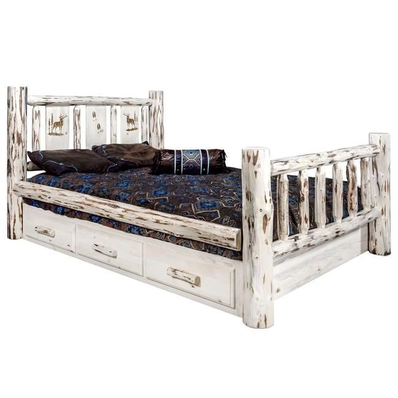 Montana Woodworks Wood Twin Storage Bed with Laser Engraved Elk in Natural