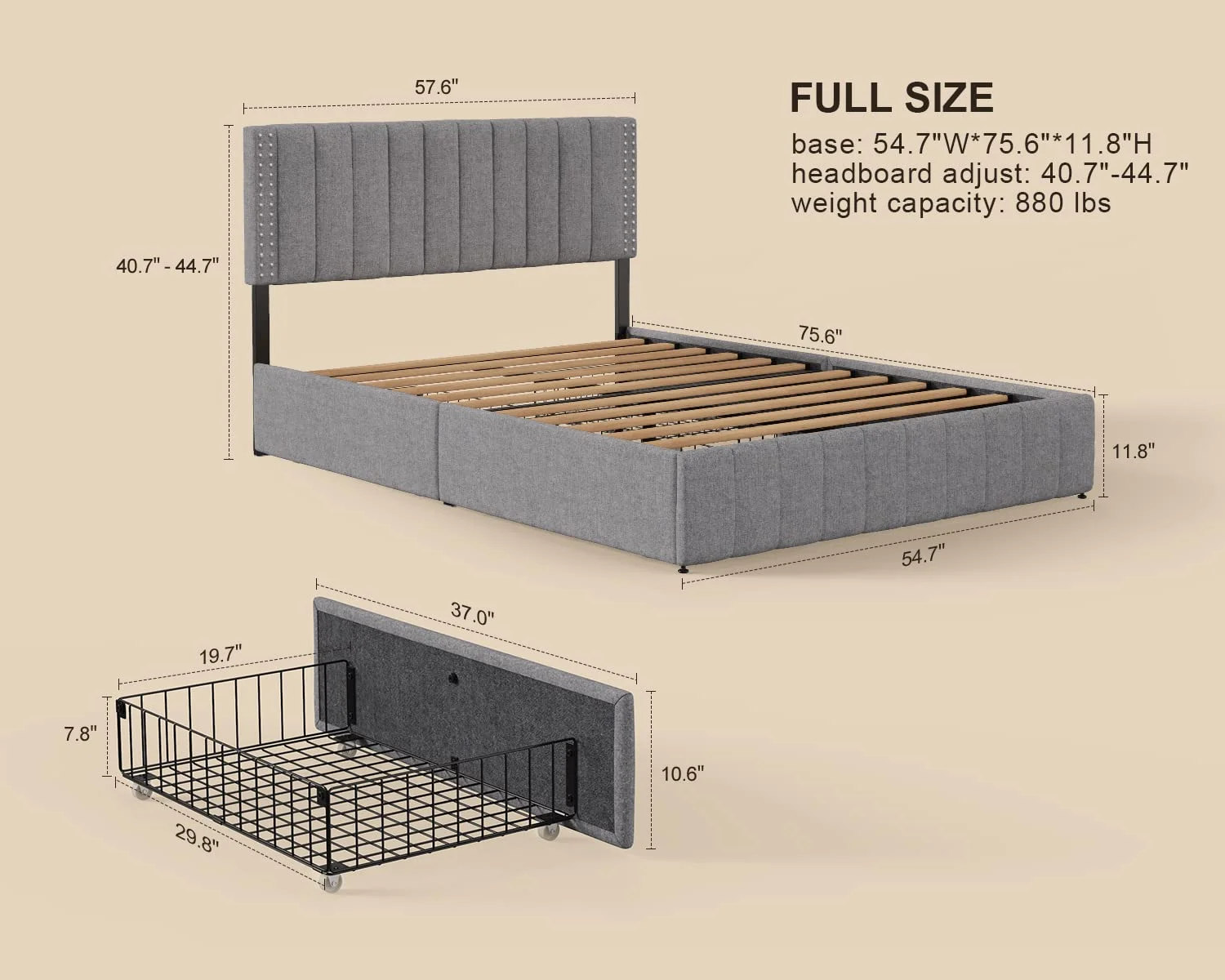 Lofka Full Size Bed Frame with Storage Drawers and Adjustable Headboard Bed Frame Light Grey