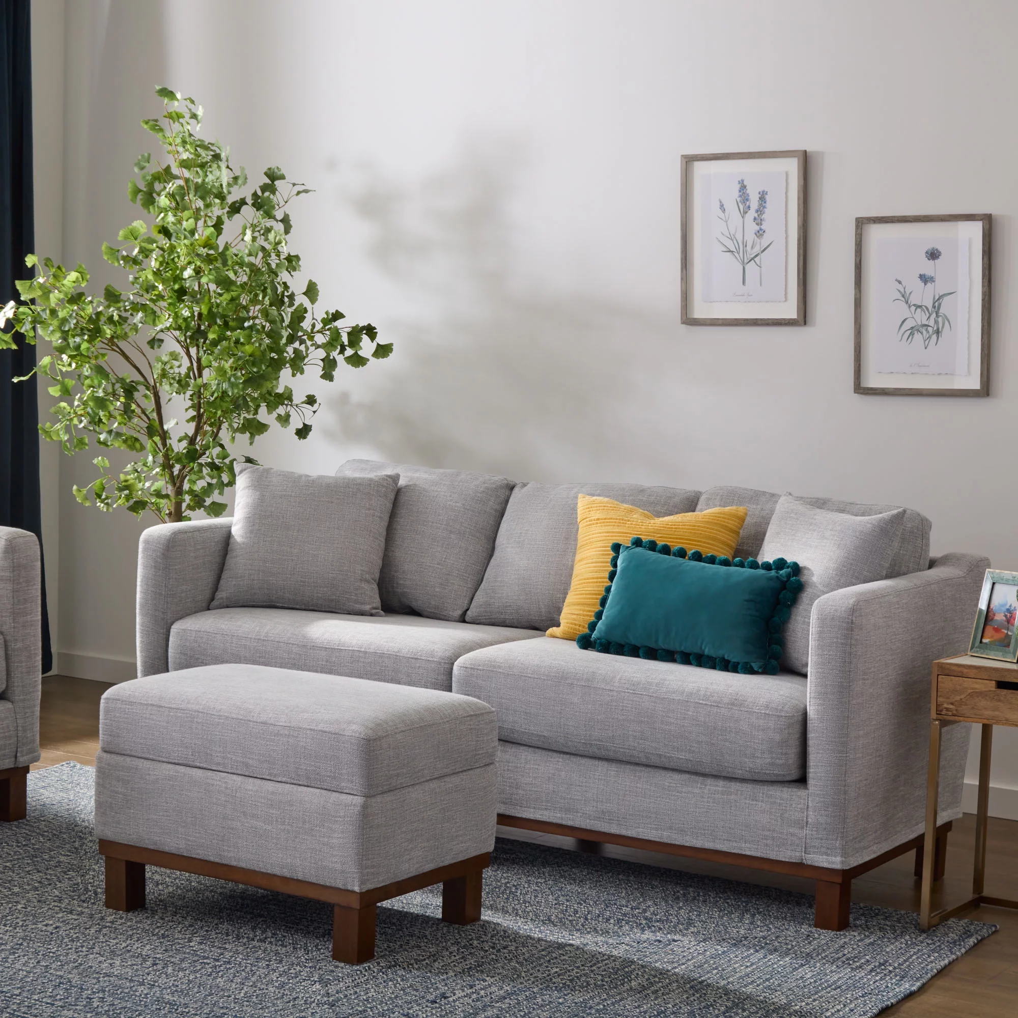 Mayview Upholstered Wood Base Sofa and Ottoman, Stone