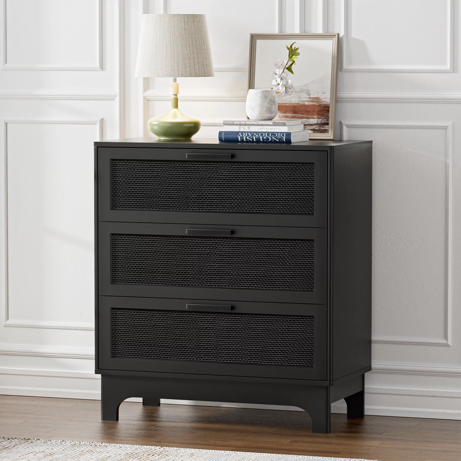 Eumyviv 3-Drawer Chest of Drawers, Freestanding Cabinet with Sliding Door, Rattan Dresser with for Bedroom Living Room, Black H0096