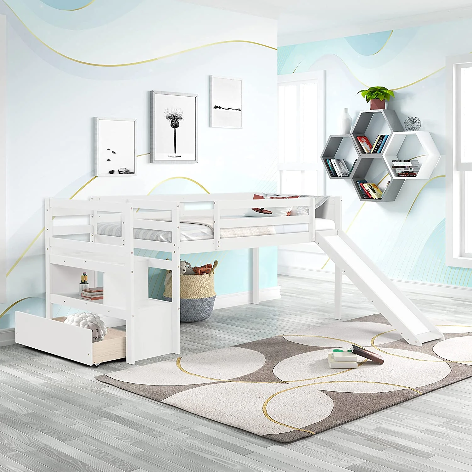 YGDU Twin Size Low Loft Bed with Stairs and Slide,Solid Wood Bedframe with Drawer for Kids,White