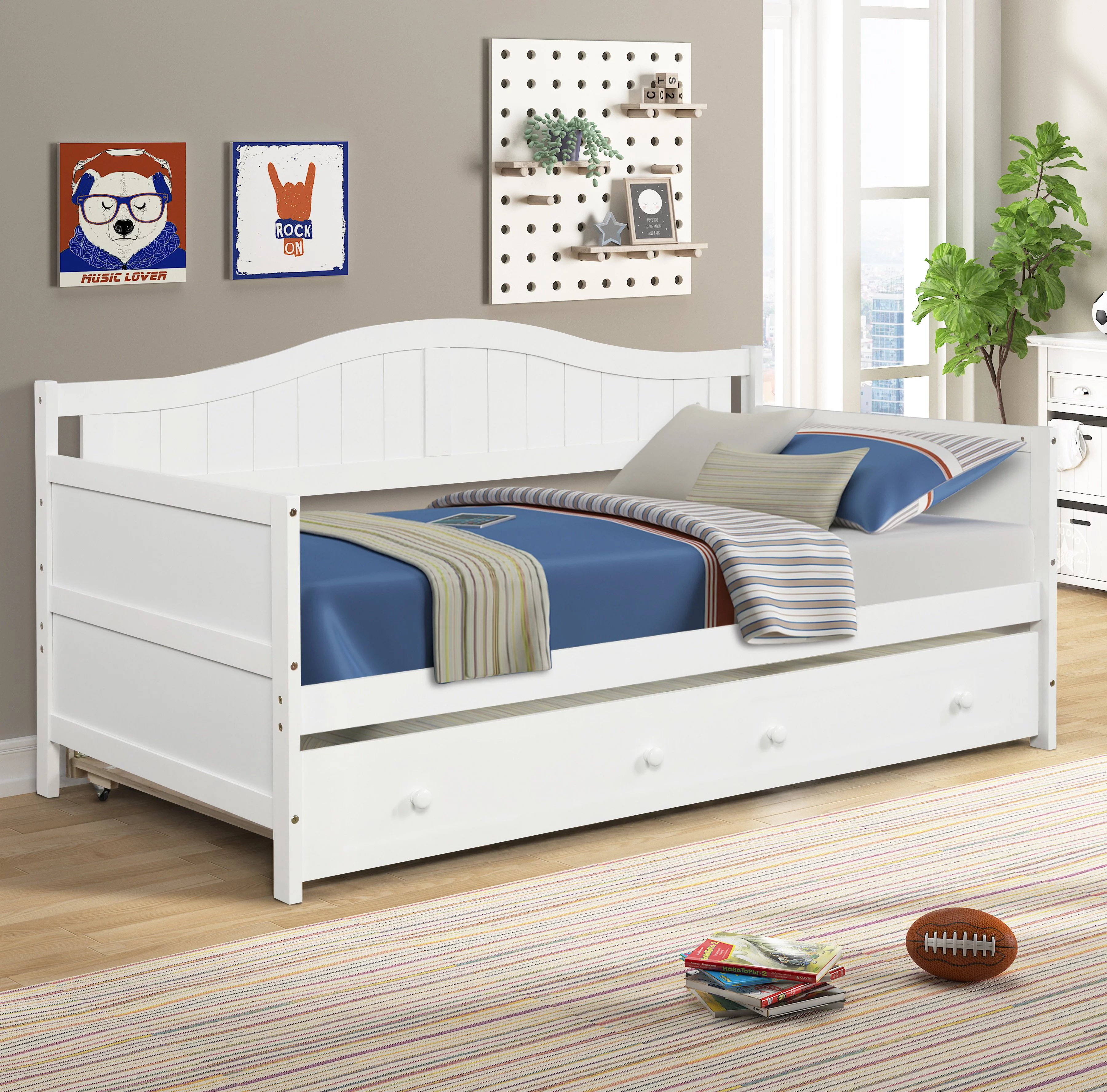 Claire and Barry DROM series Cozy Twin Daybed Bed Frame [PINE WOOD] with sliding trundle for additional twin bed, easy assembly with tenon tech & premium hardware - CLOUD WHITE