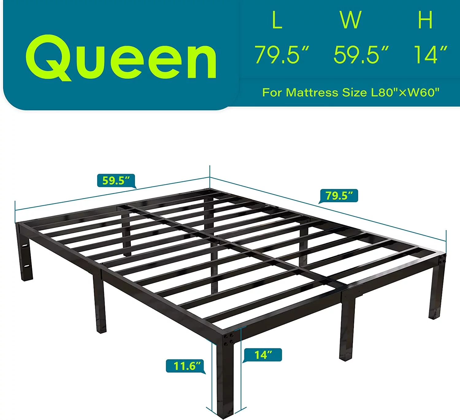 WAGEE 14 Inch 4000lbs Heavy Duty Support Basic Bed Frame/Mattress Foundation/Box Spring Replacement/Steel Slat Platform/Easy to Assemble/with Storage/Noise Free, Queen