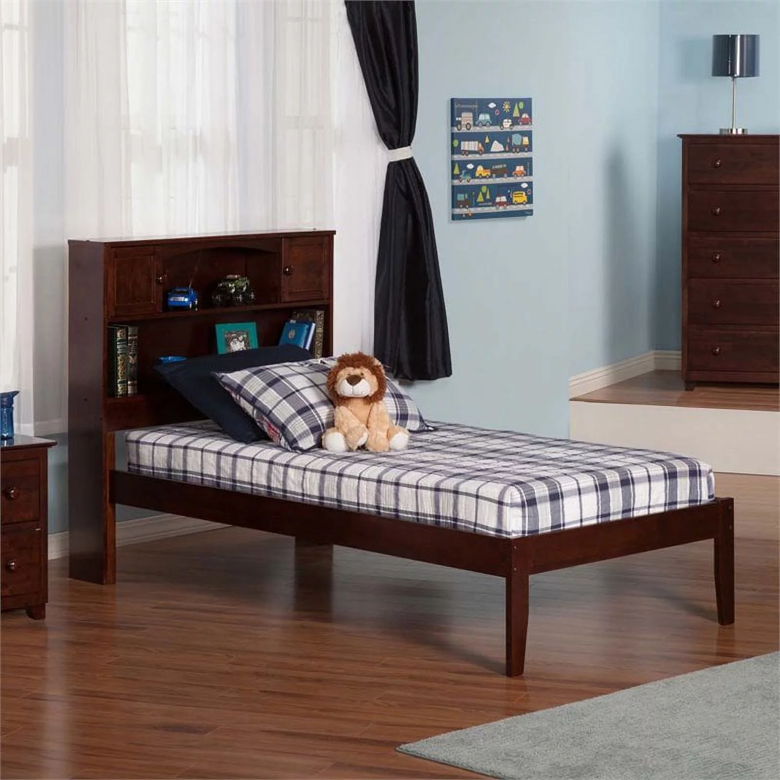 Leo & Lacey Solid Wood Twin XL Platform Bed w/ USB Charging Station in Walnut