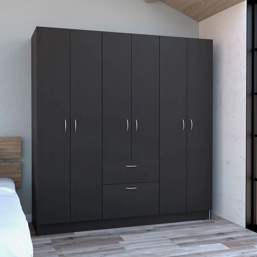 Treevol Furniture, Six Doors Armoire Maya, One Drawer, Black Wengue / White Finish