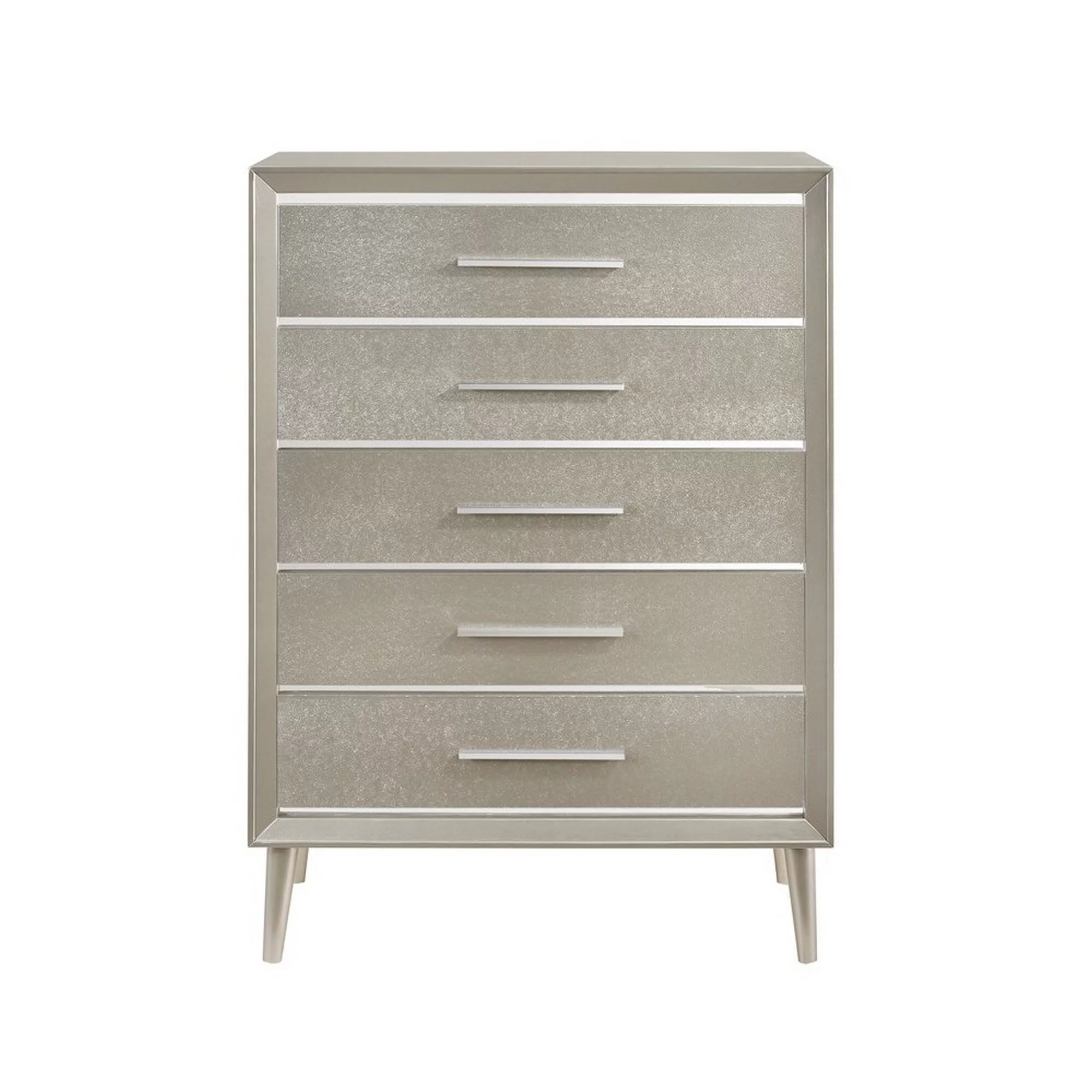 5 Drawer Contemporary Chest with Bar Handles and Splayed Legs, Silver
