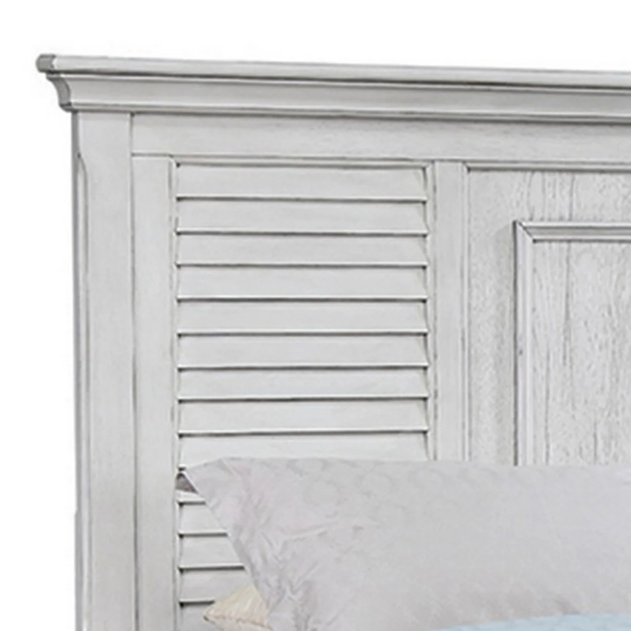 Eli Queen Panel Bed Pine Wood Shutter Headboard Molded Trim Antique White- Saltoro Sherpi
