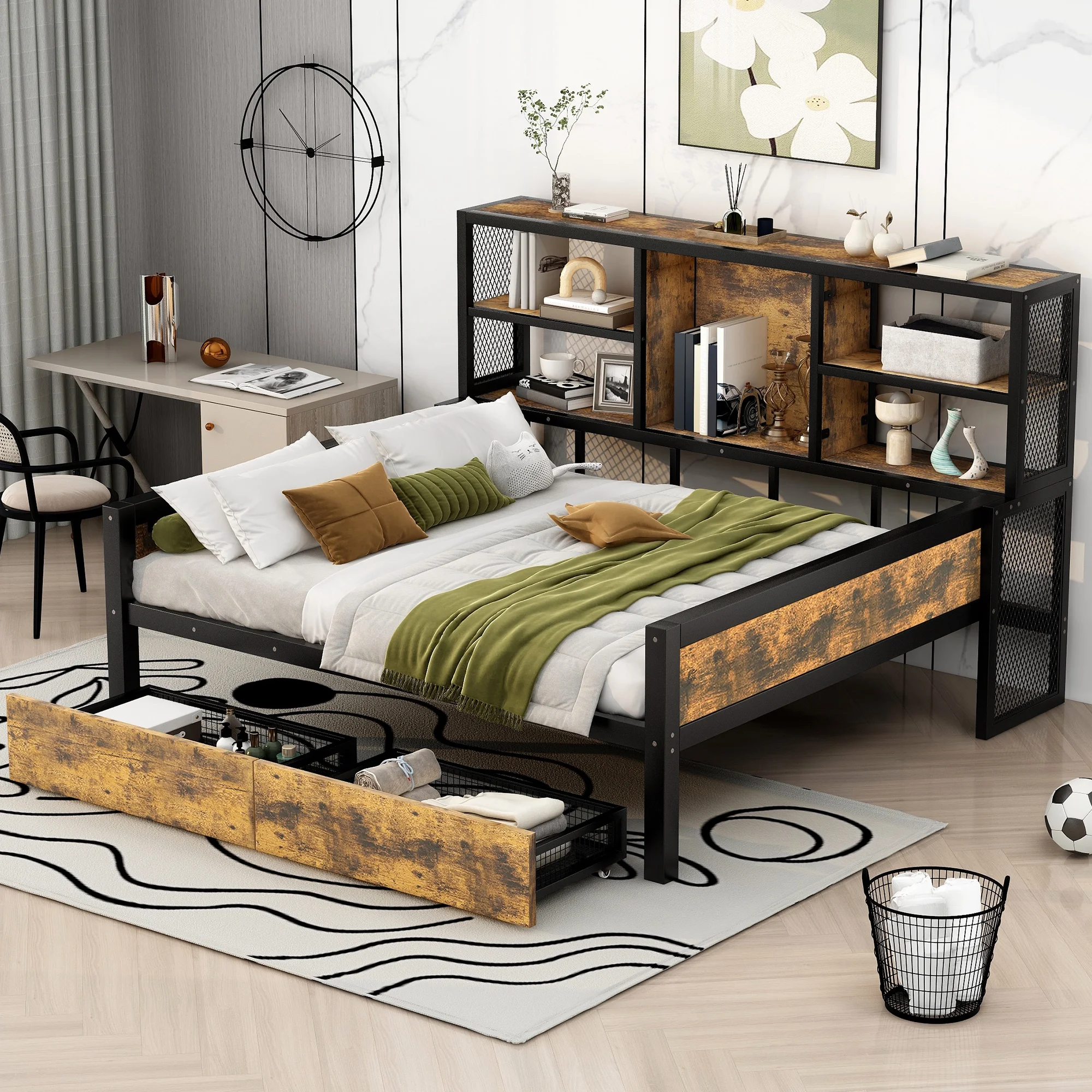 Full-Size Metal Cabin Daybed with Integrated Storage Shelves and Pull-out Drawers