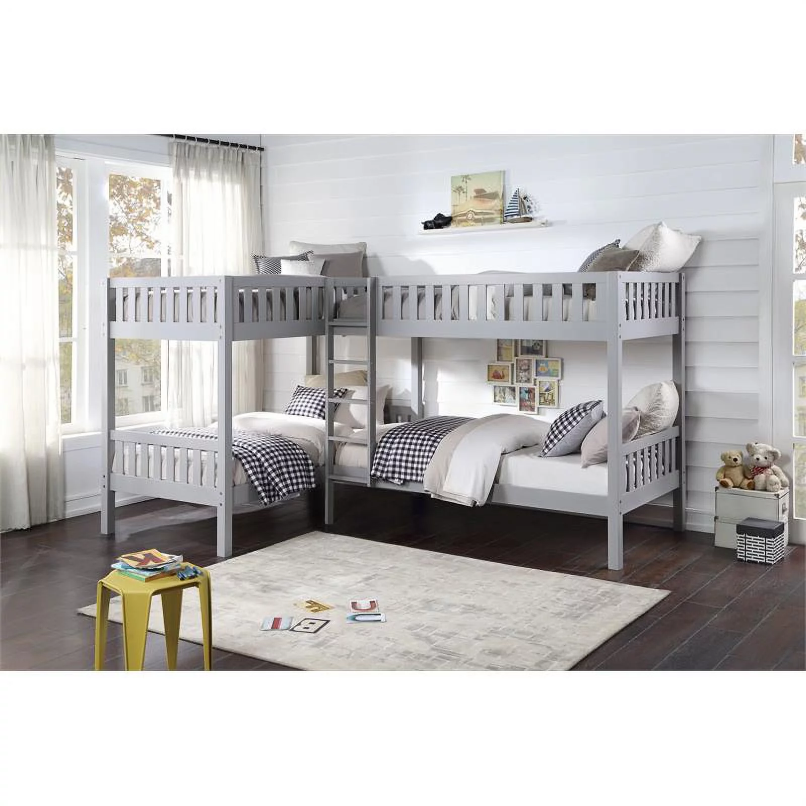 Lexicon Orion Transitional Wood Corner Four Twin Bunk Bed in Gray