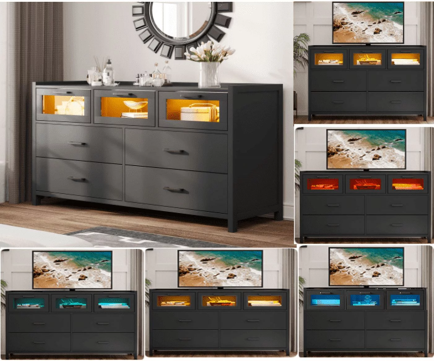 7 Drawers Dressers Wood Storage Cabinet LED Lights Glass Drawers Chest for Bedroom, Kids Room, Hallway,White
