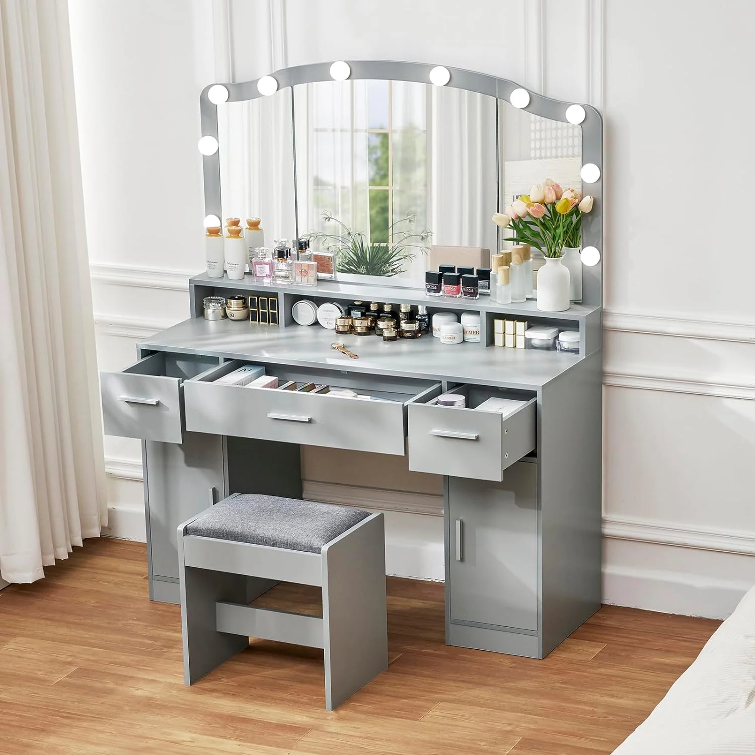 Large Vanity Desk with Mirror & Lights, Grey Makeup Vanity Table, Vanity Set with 3 Drawers, 2 Cabinets & 10 LED Bulbs, Dressing Vanity Table with Stool for Women, Bedroom, Bathroom, Grey