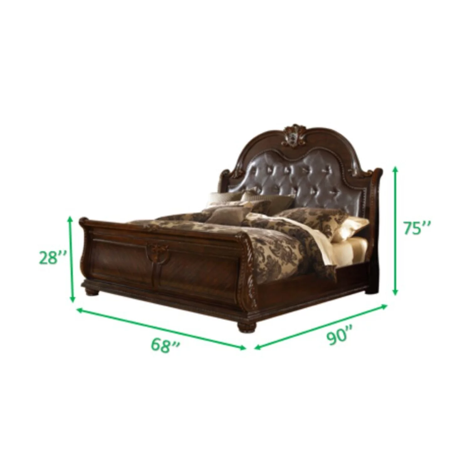 Roma Queen Size Traditional Upholstered Bed made with Wood in Dark Walnut