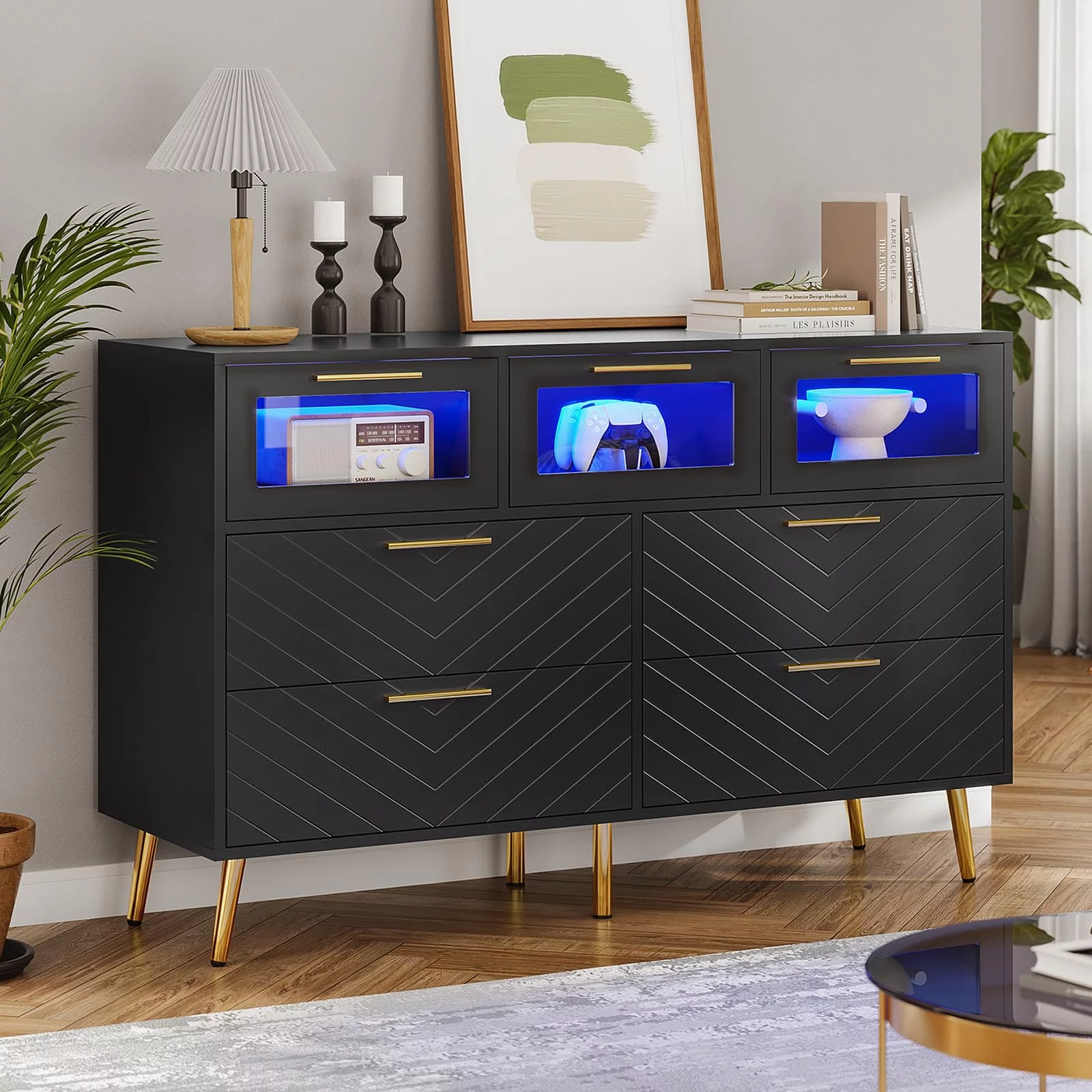 Dresser for Bedroom with LED Light, Modern 7 Drawer Dresser with Milled Grooves Design, Black