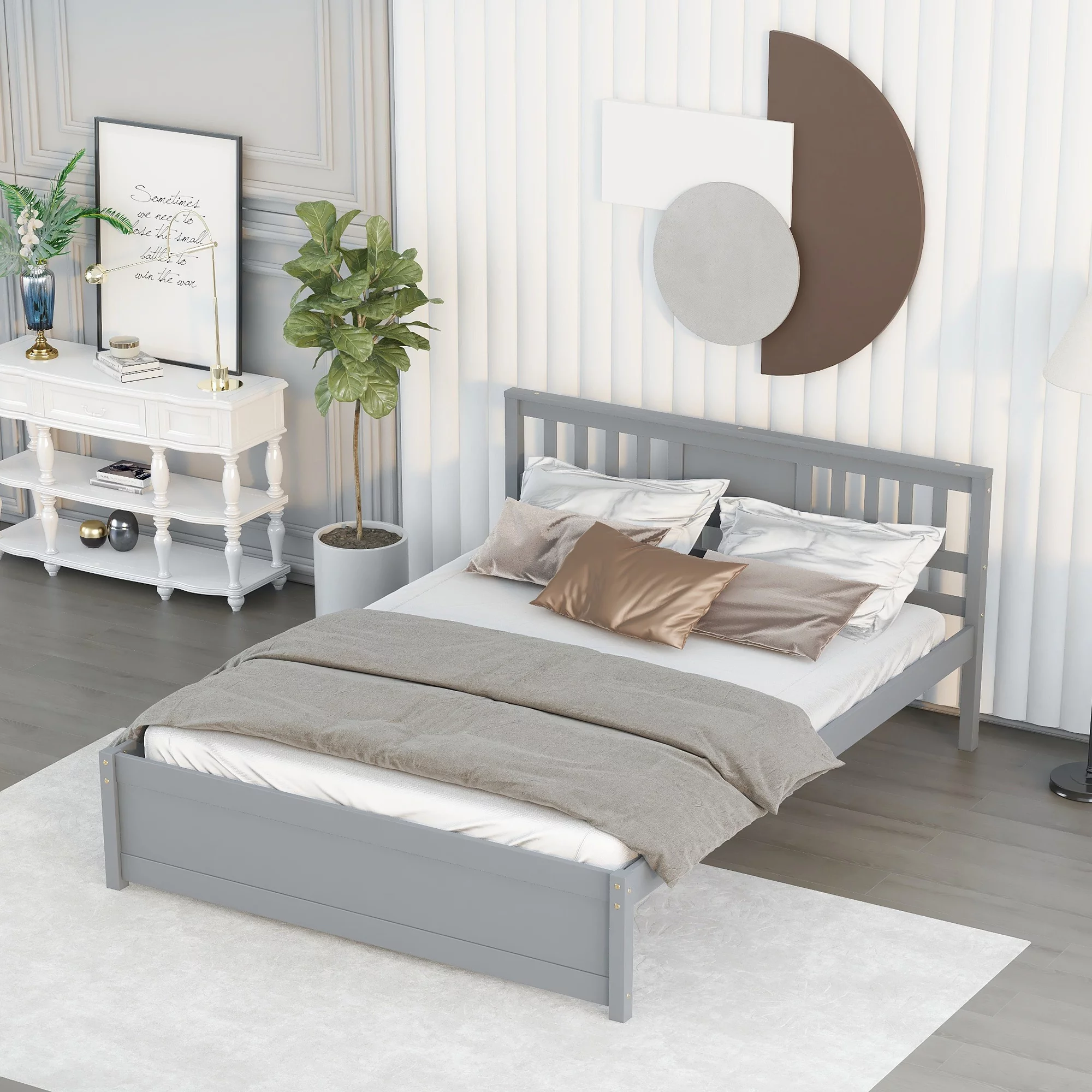 Modern design Wood Platform Queen Bed Frame with Headboard for Gray color