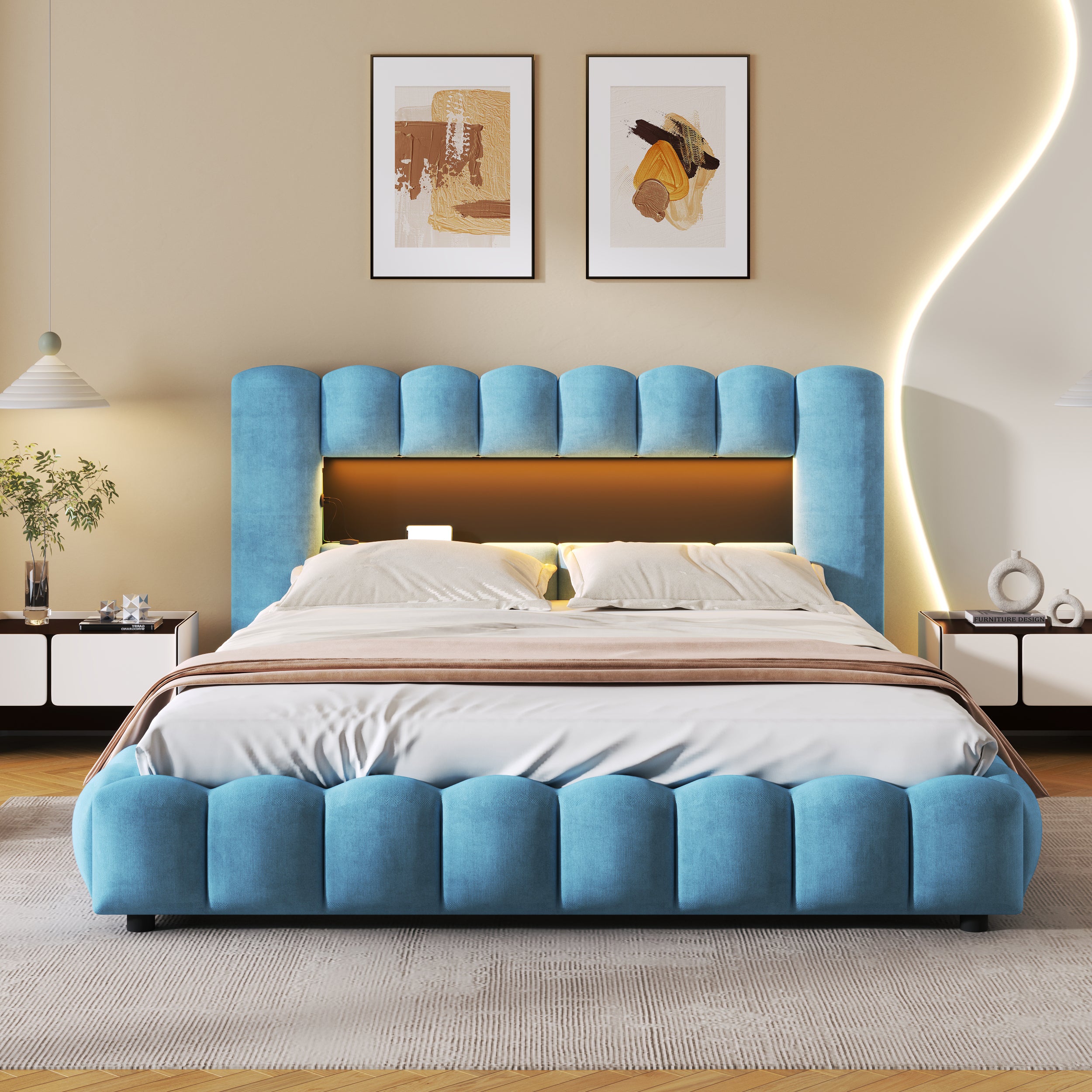 Deno Queen Size Upholstered Platform Bed w LED - Blue
