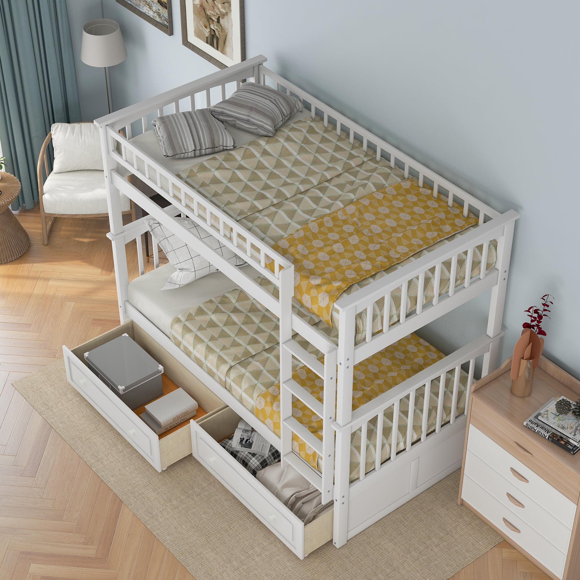 Nestfair White Twin over Twin Convertible Bunk Bed with Drawers