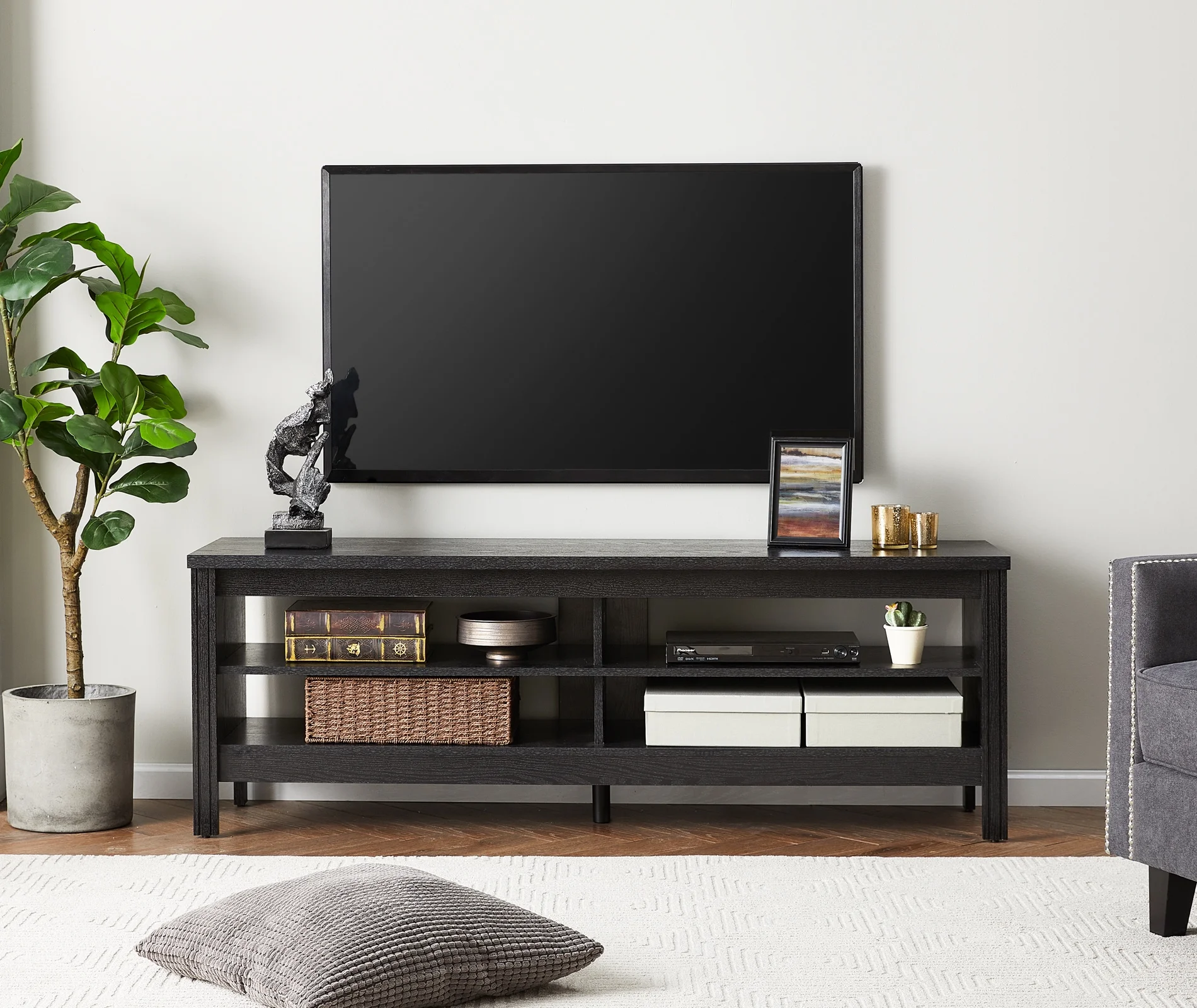 Farmhouse TV Stand for 65 Inch TV, Black Wood TV Cabinet for 55-60 inch TV with 4 Cubby for Living Room Bedroom