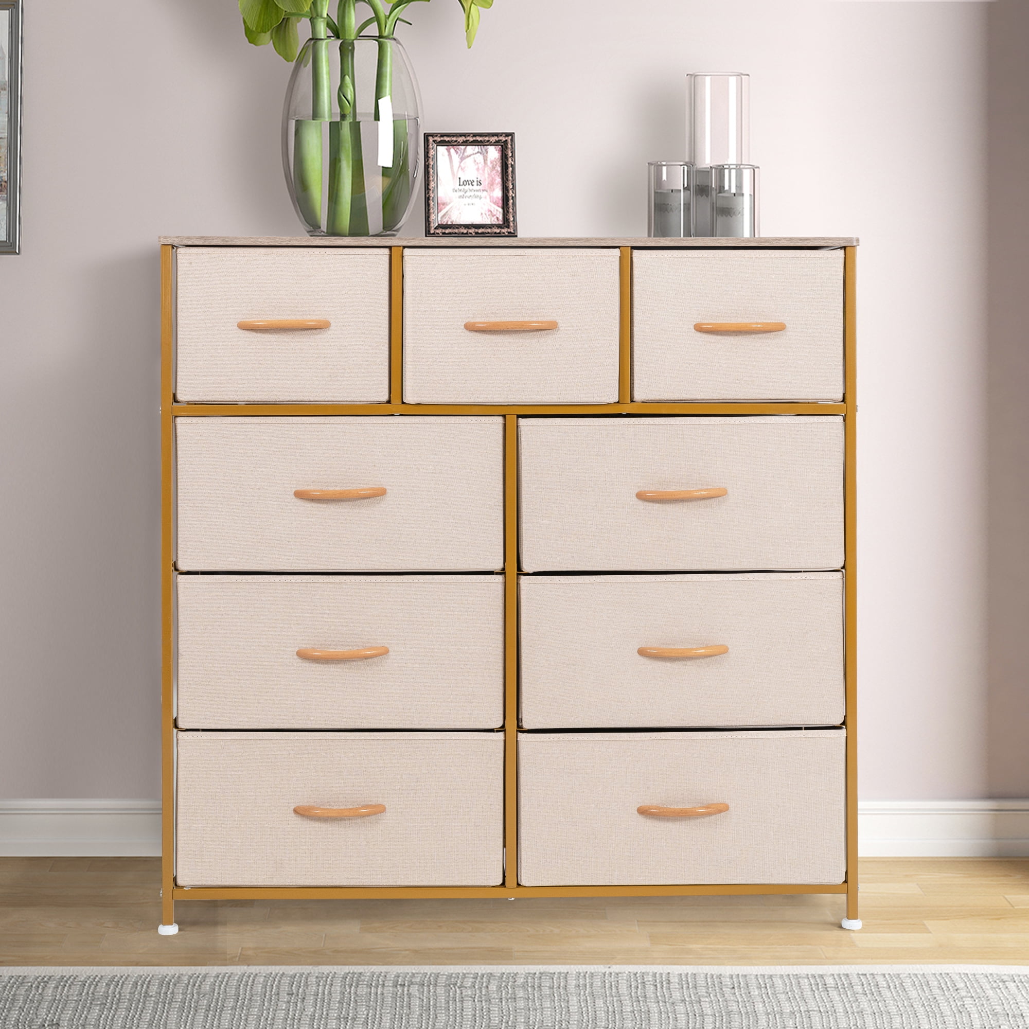 Prime Garden 9 Drawers Dresser for Kids Room High Storage Tower Furniture, Gold