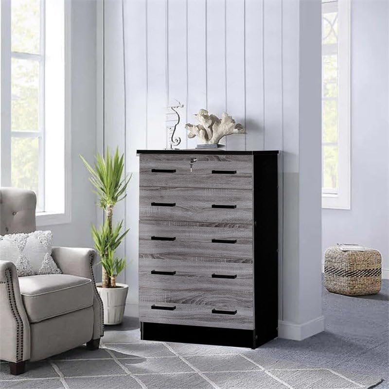 Modern 5 Drawer Wooden Bedroom Dresser With Lock In Ebony