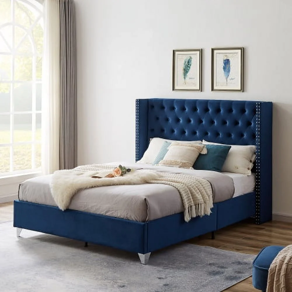 Queen Bed, Button Designed Headboard,Strong Wooden Slats + Metal Legs With Electroplate