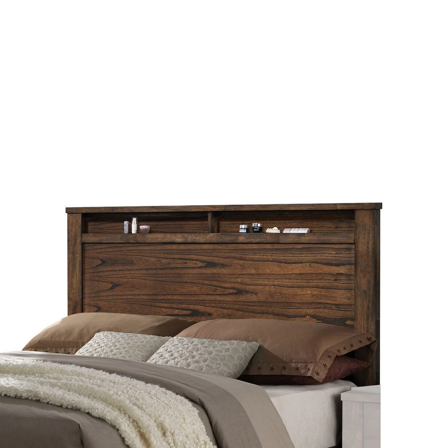 Benjara Wooden Eastern King Size Bed with Open Shelves and Drawers, Brown