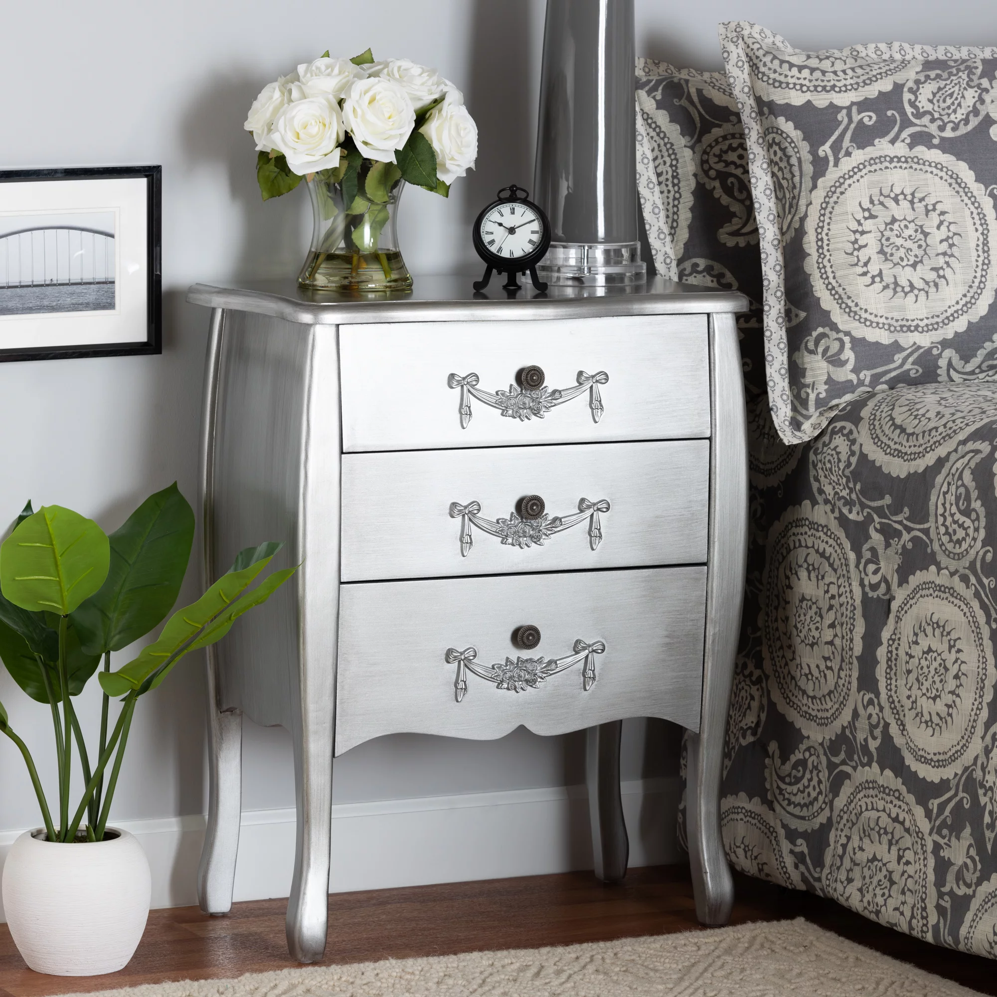 Baxton Studio Eliya Classic and Traditional Brushed Silver Finished Wood 3-Drawer Storage Cabinet