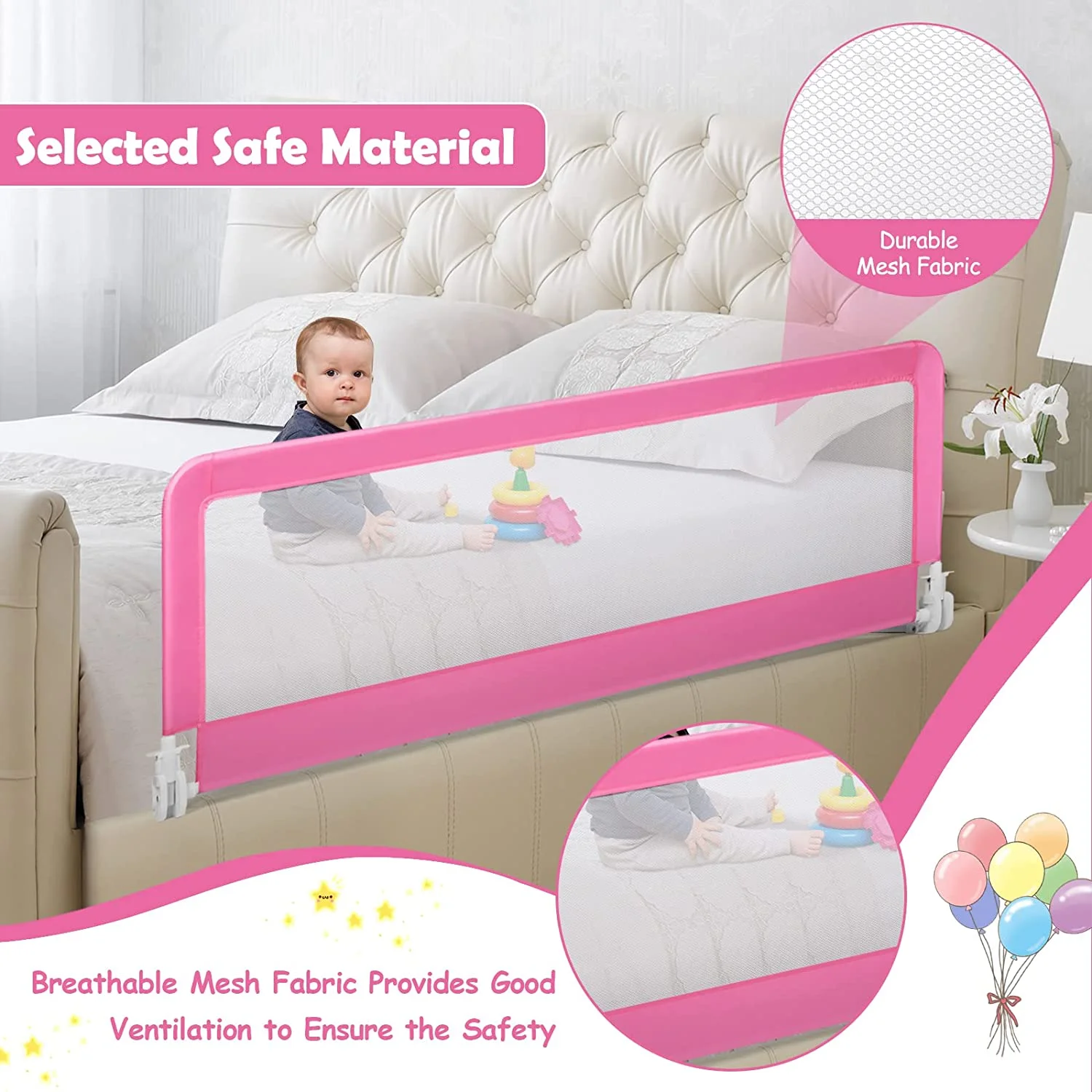 Bed Rail for Toddlers, 59-in Extra Long, Portable Safety Bed Guardrail w/Double Safety Child Lock, Foldable Baby Bed Rail Guard, Fit King & Queen Full Twin Size Bed Mattress (2 Pack, Pink)
