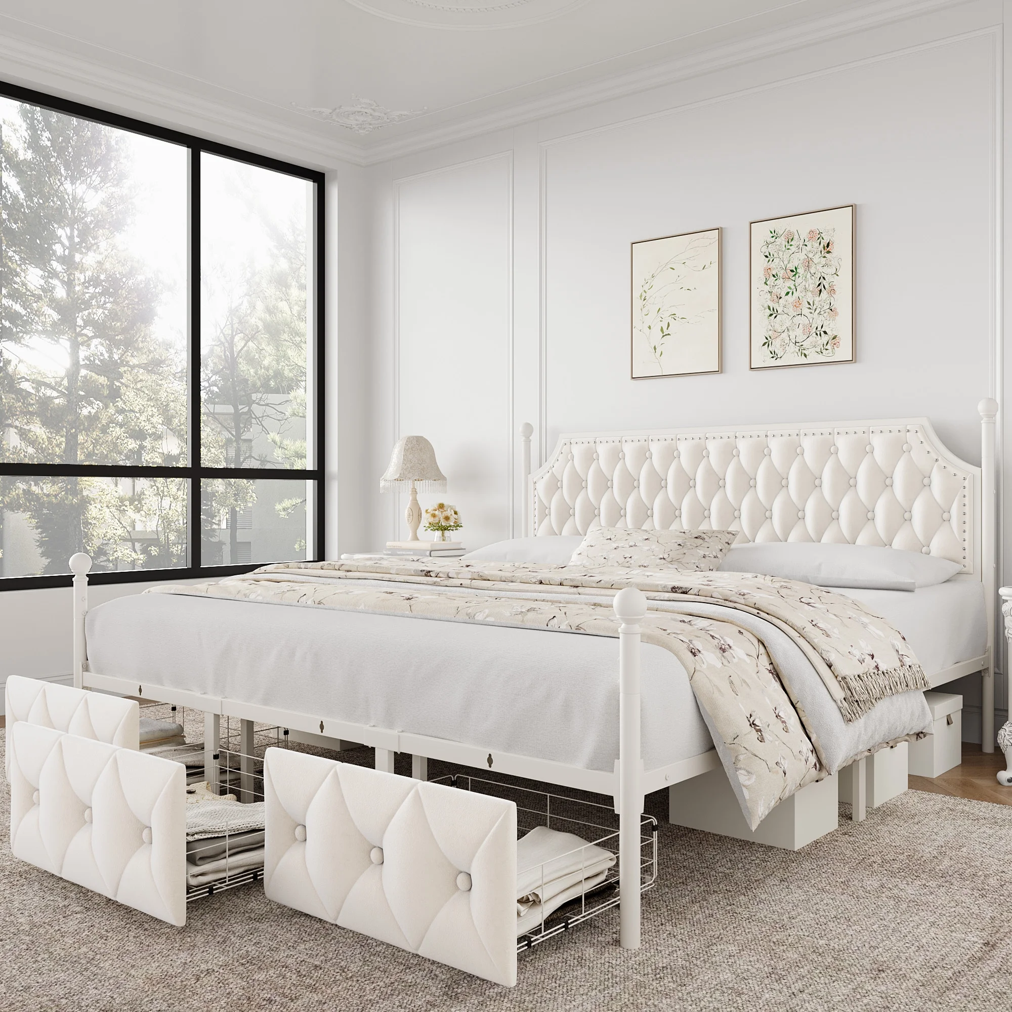 Homfa King Size Removable Canopy Bed Frame, 3 Storage Drawers Metal Platform Bed with Button Tufted Upholstered Headboard, Canopy Bed Curtain Not Included, Beige