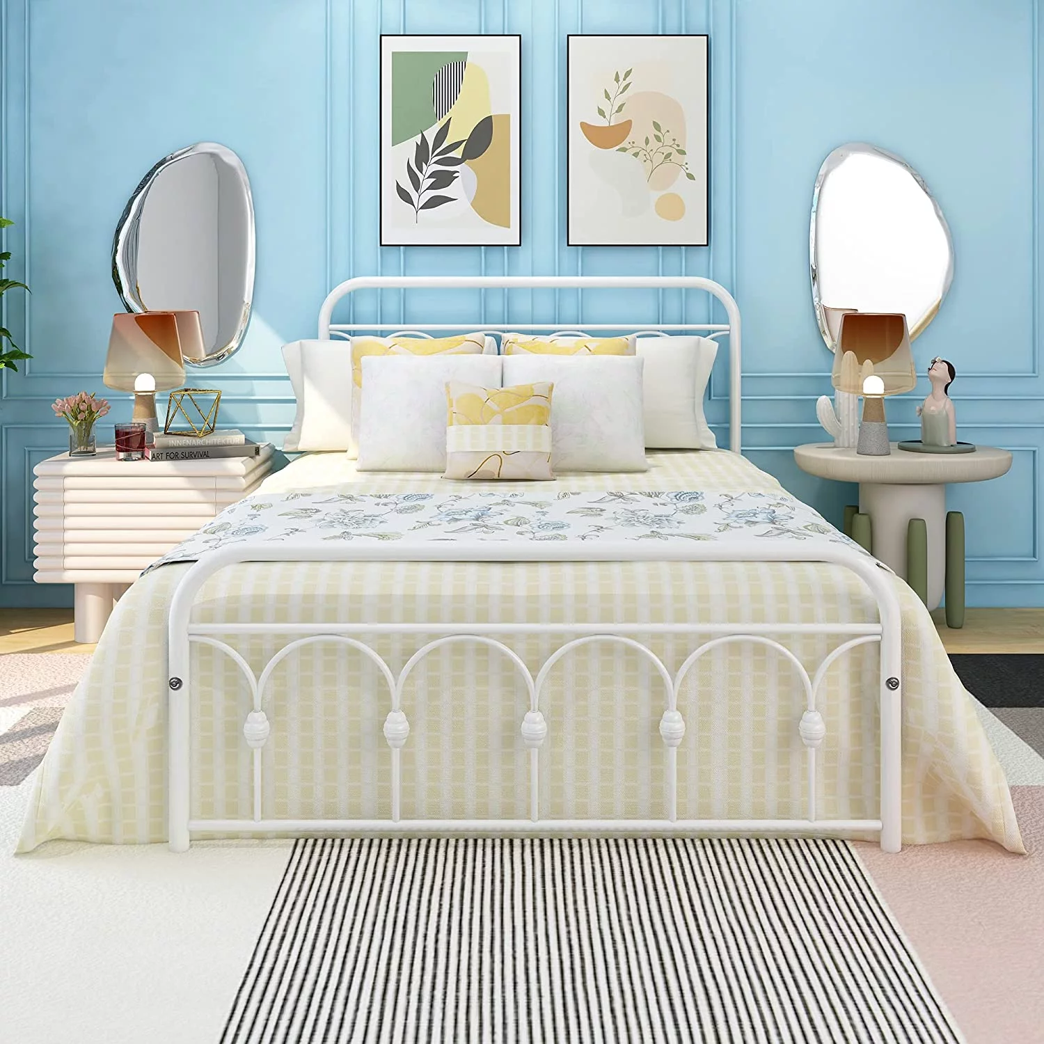 Full Size Bed Frame Metal Platform Bed Frames with Headboard and Footboard Heavy Duty Mattress No Box Spring Needed White